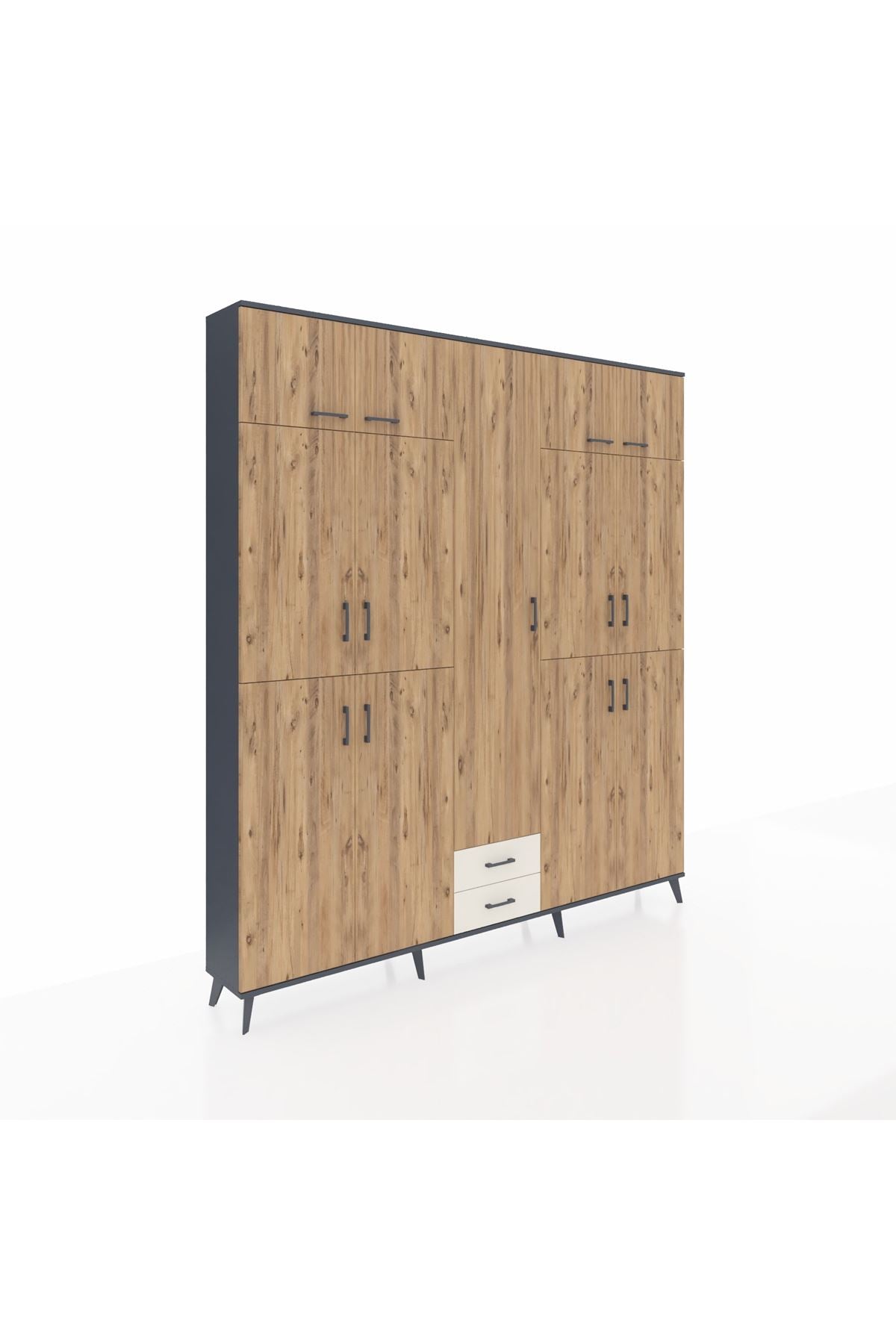 Arges Dolap 10 Raflı 2 Çekmeceli 4 Askılı 220x30x243 Antrasit-Çam/Aytaşı