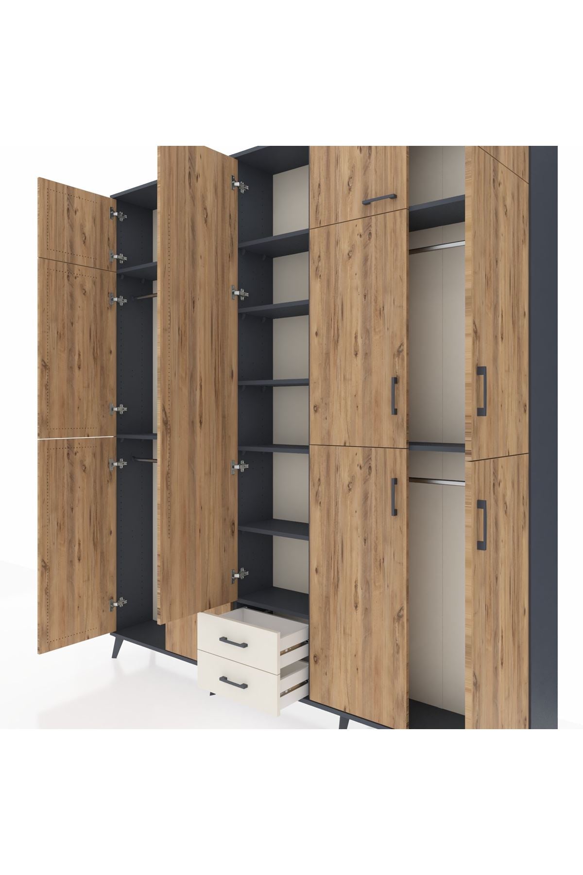 Arges Dolap 10 Raflı 2 Çekmeceli 4 Askılı 220x30x243 Antrasit-Çam/Aytaşı