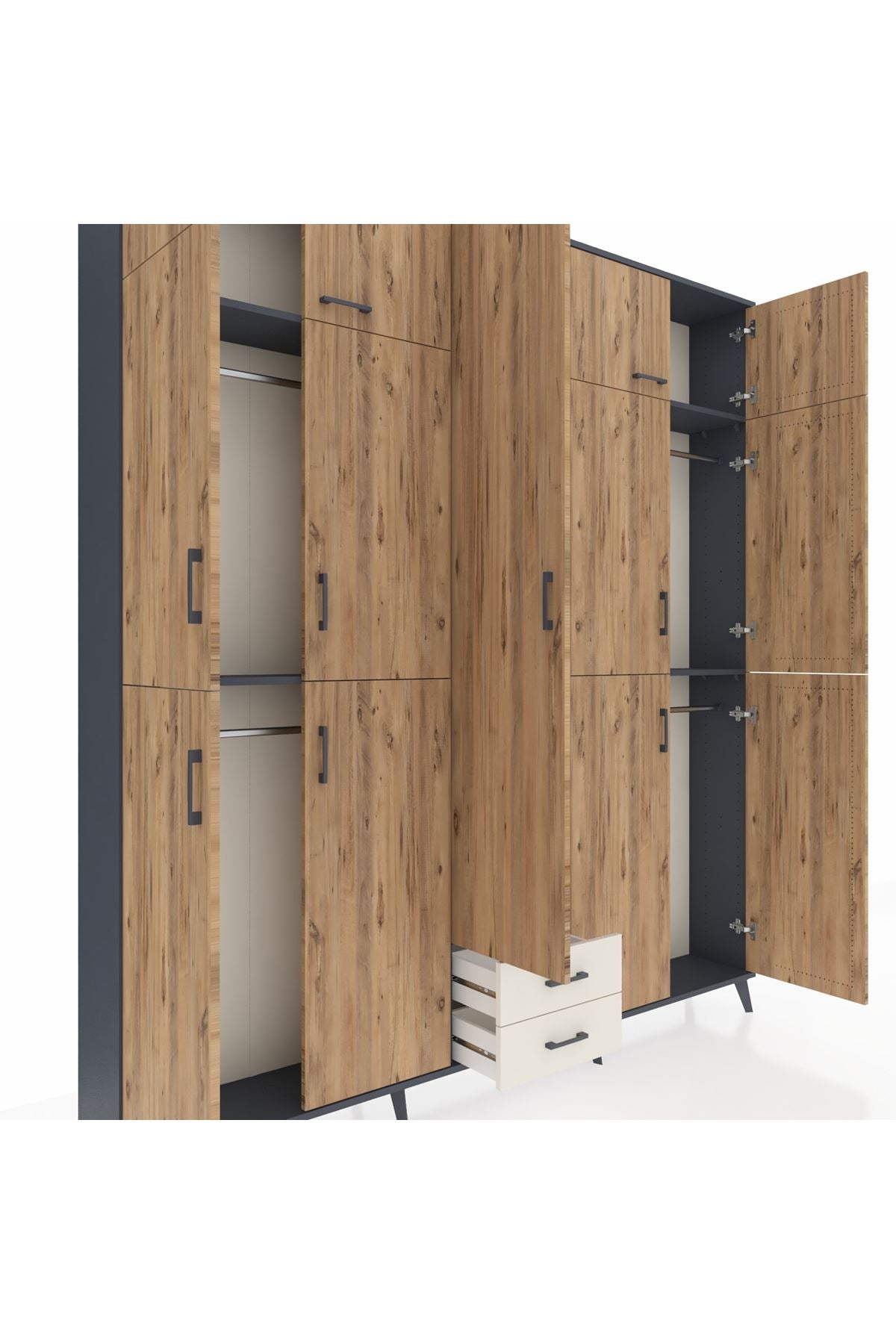 Arges Dolap 10 Raflı 2 Çekmeceli 4 Askılı 220x30x243 Antrasit-Çam/Aytaşı