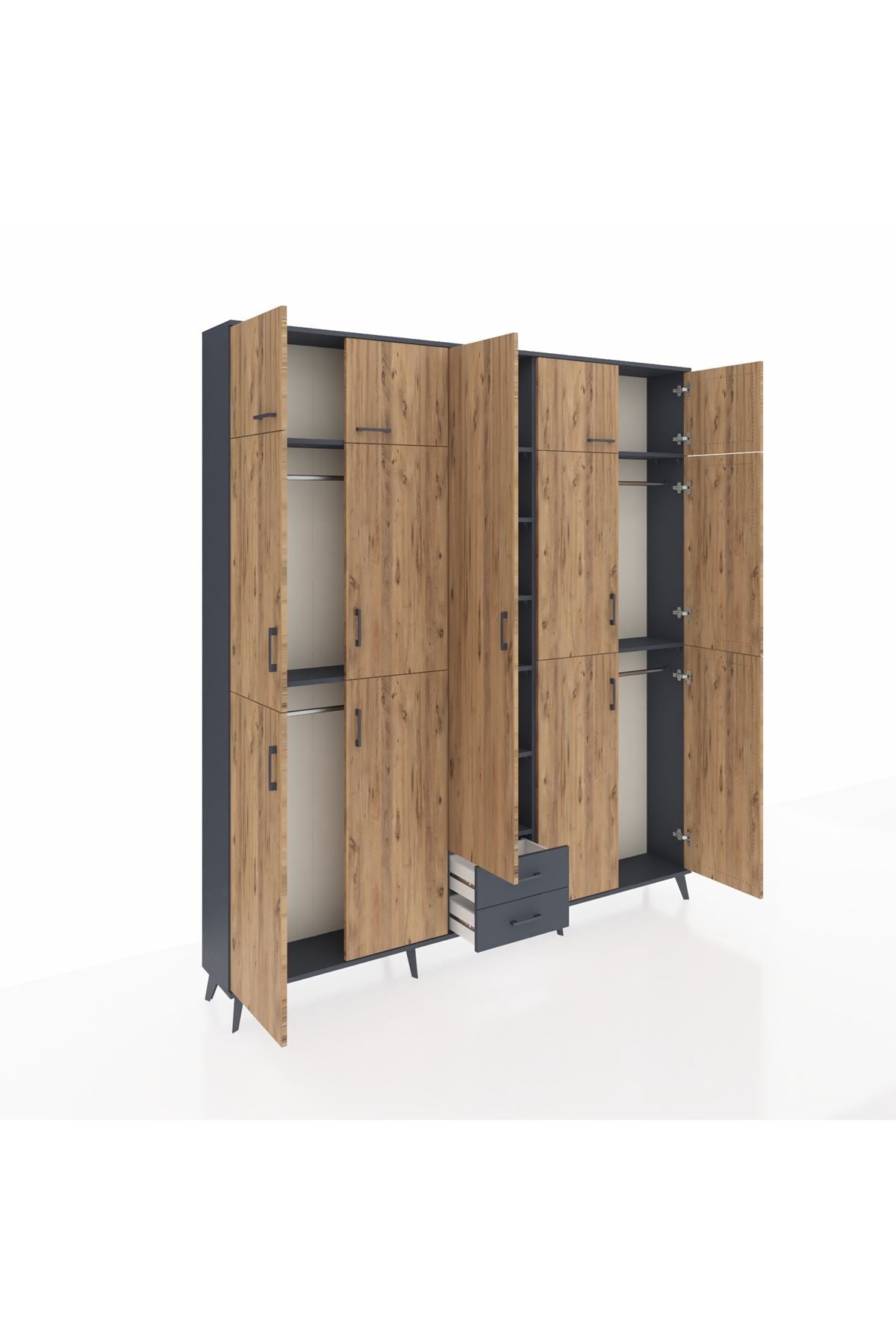 Arges Dolap 10 Raflı 2 Çekmeceli 4 Askılı 220x30x243 Antrasit-Çam/Antrasit