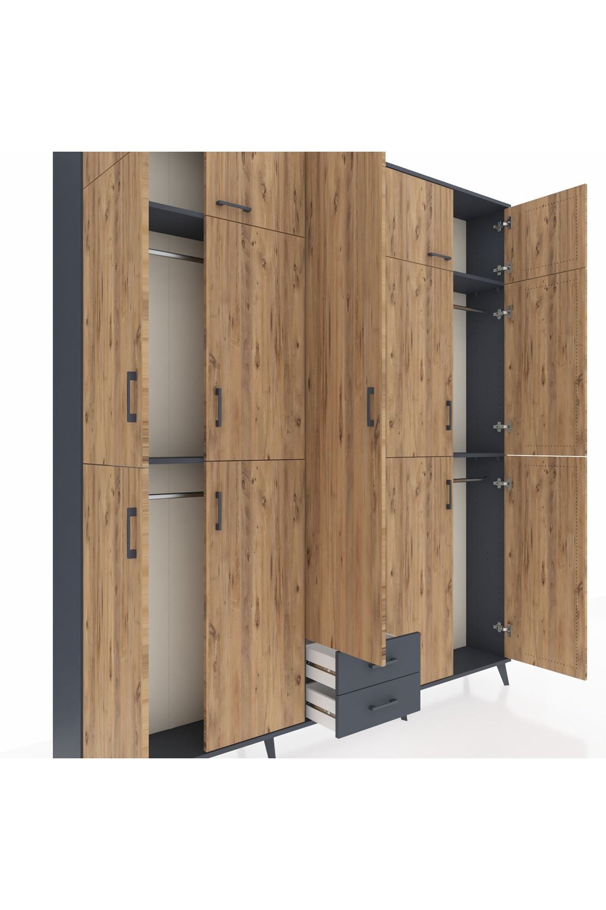 Arges Dolap 10 Raflı 2 Çekmeceli 4 Askılı 220x30x243 Antrasit-Çam/Antrasit