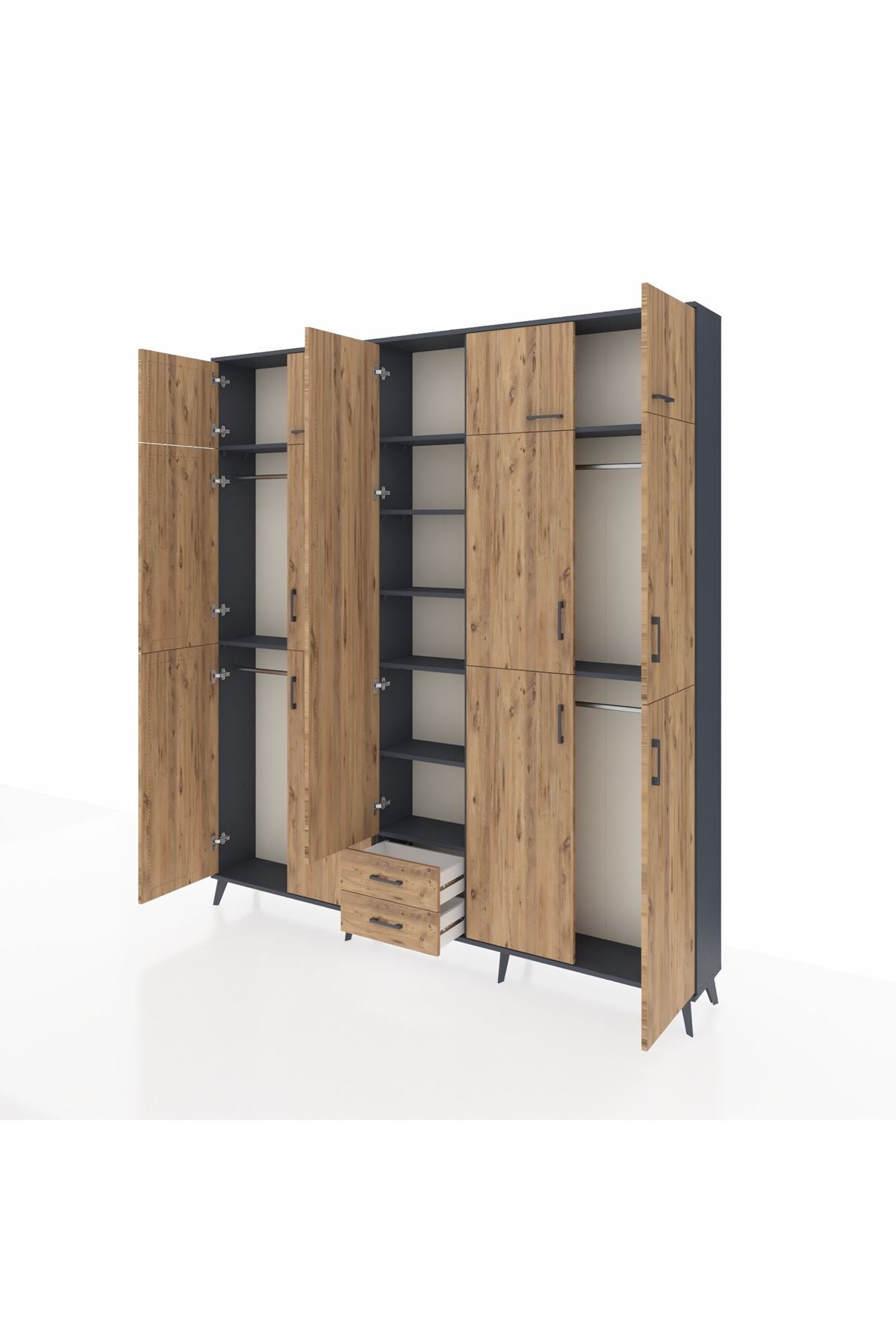 Arges Gardrop 10 Raflı 2 Çekmeceli 4 Askılı 220x30x243 Antrasit-Çam