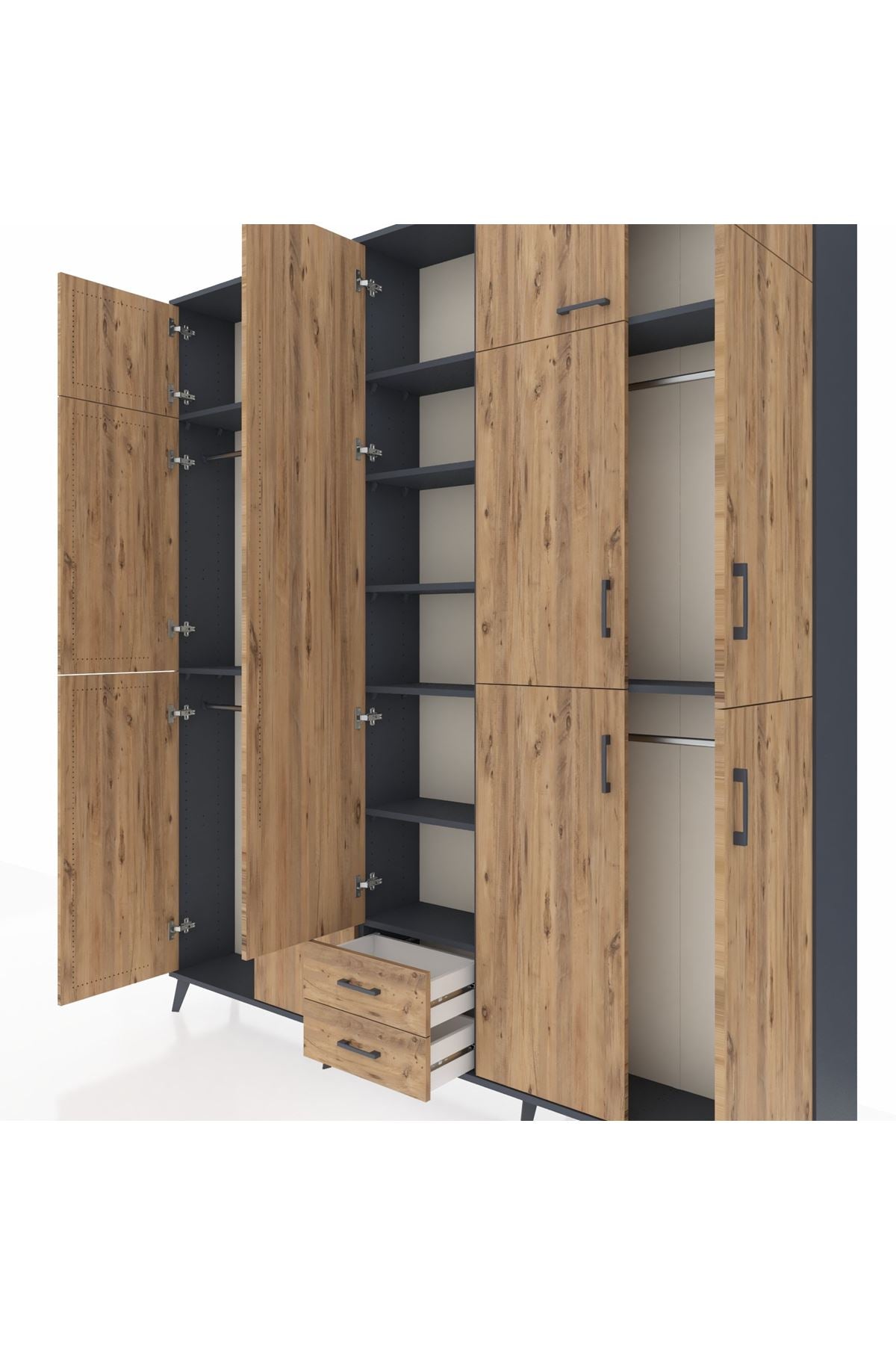 Arges Gardrop 10 Raflı 2 Çekmeceli 4 Askılı 220x30x243 Antrasit-Çam