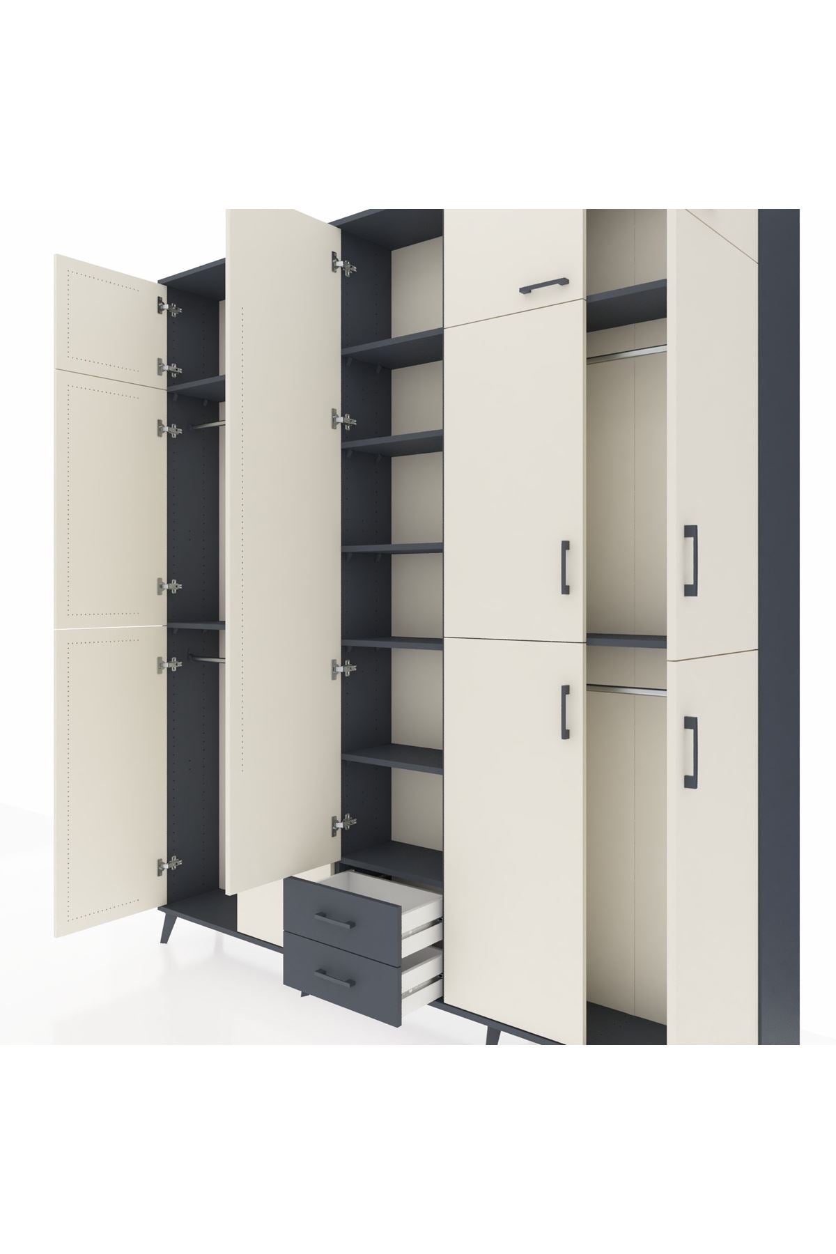 Arges Dolap 10 Raflı 2 Çekmeceli 4 Askılı 220x30x243 Antrasit-Aytaşı/Antrasit