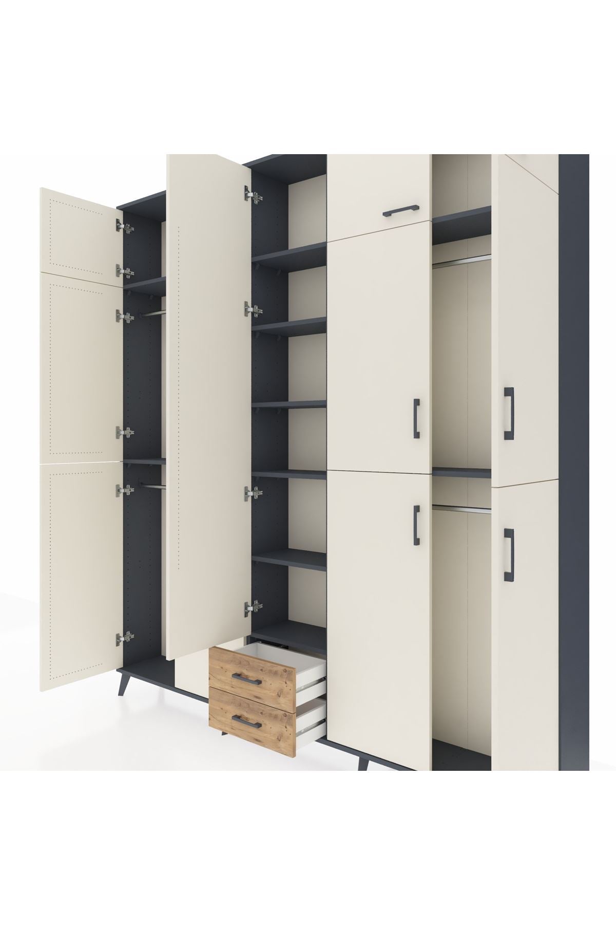 Arges Dolap 10 Raflı 2 Çekmeceli 4 Askılı 220x30x243 Antrasit-Aytaşı/Çam