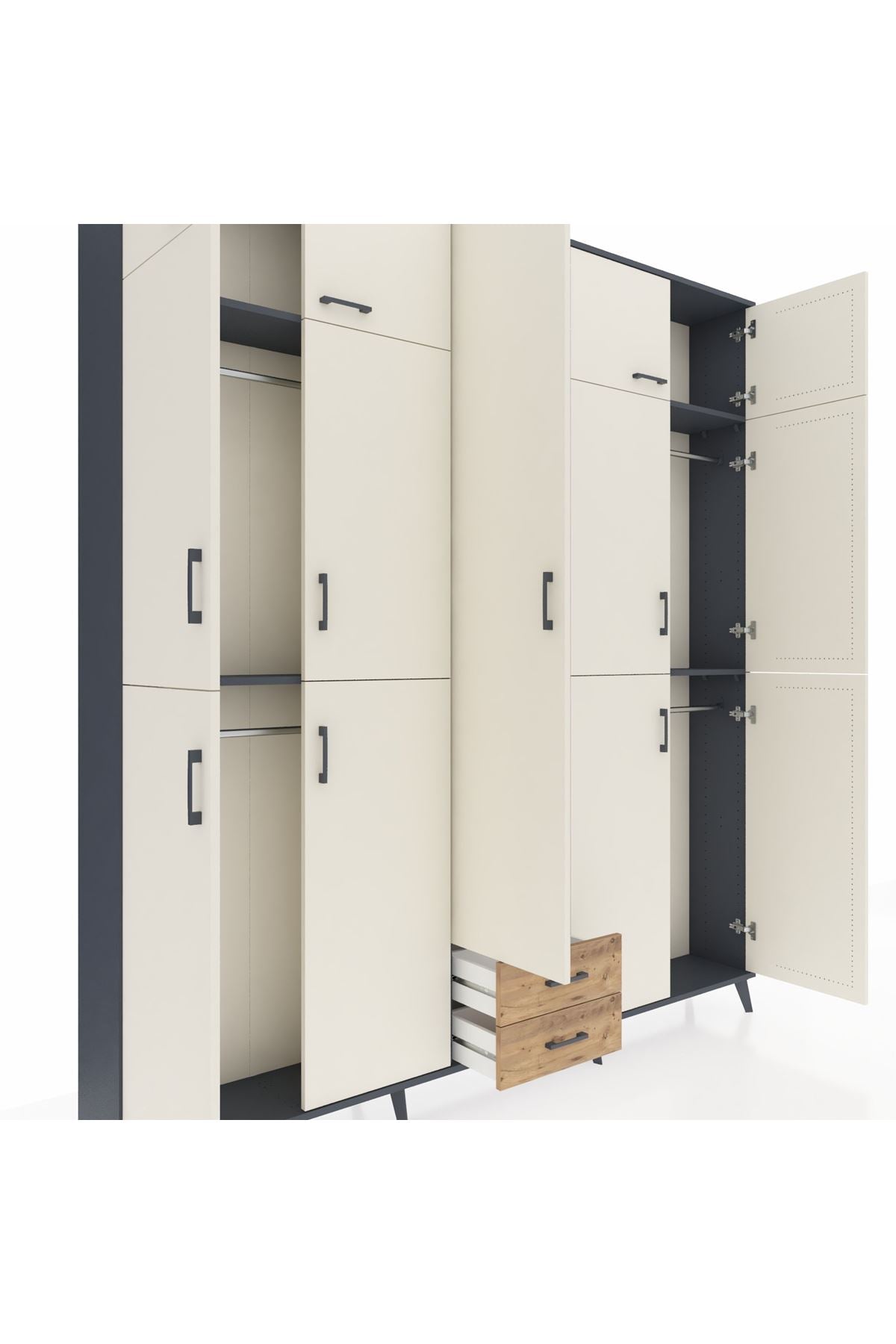 Arges Dolap 10 Raflı 2 Çekmeceli 4 Askılı 220x30x243 Antrasit-Aytaşı/Çam