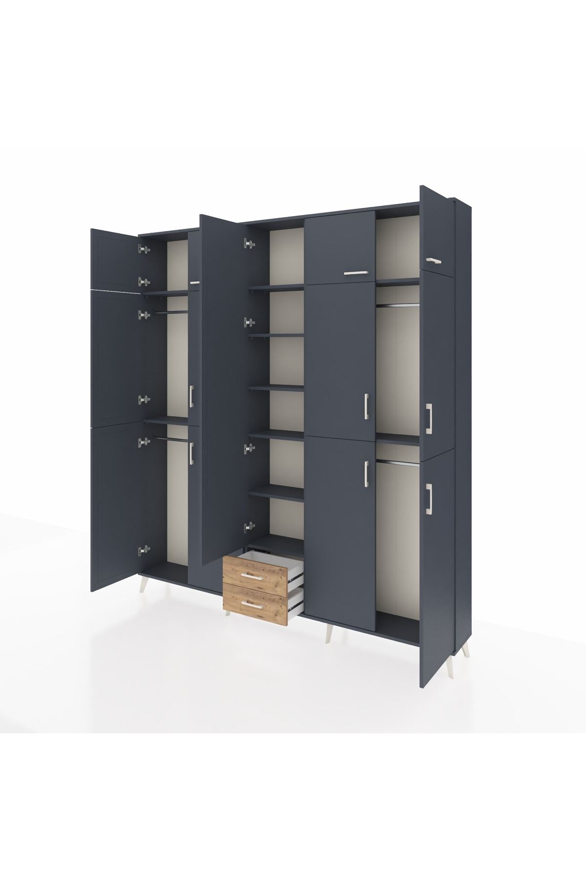 Arges Dolap 10 Raflı 2 Çekmeceli 4 Askılı 220x30x243 Antrasit-Antrasit/Çam