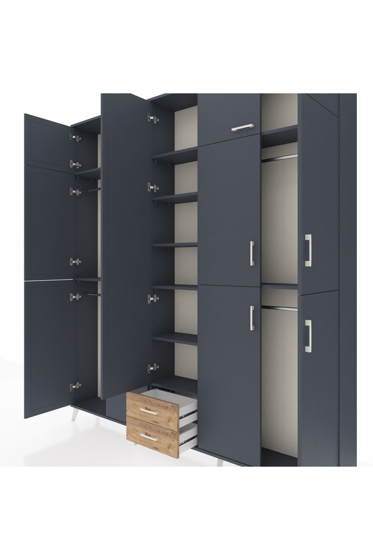 Arges Dolap 10 Raflı 2 Çekmeceli 4 Askılı 220x30x243 Antrasit-Antrasit/Çam