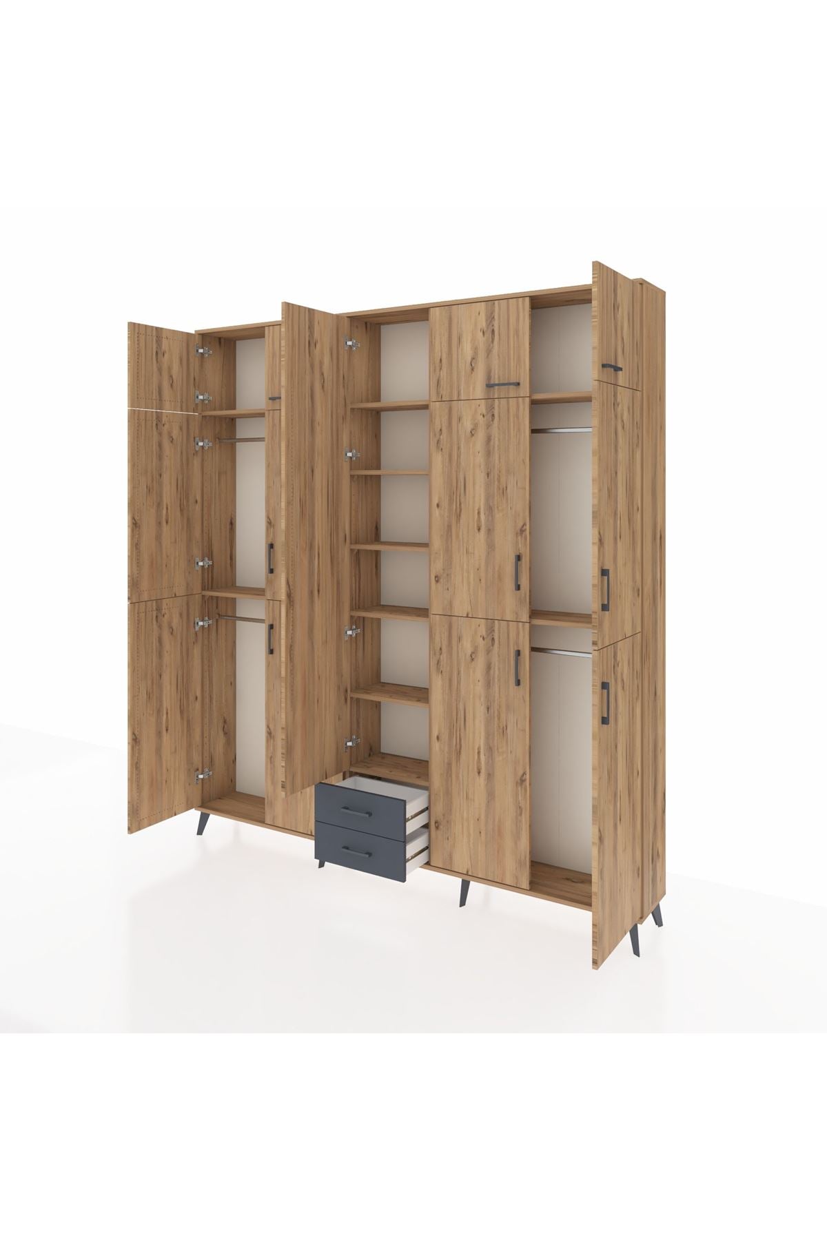 Arges Dolap 10 Raflı 2 Çekmeceli 4 Askılı 220x30x243 Çam-Çam/Antrasit