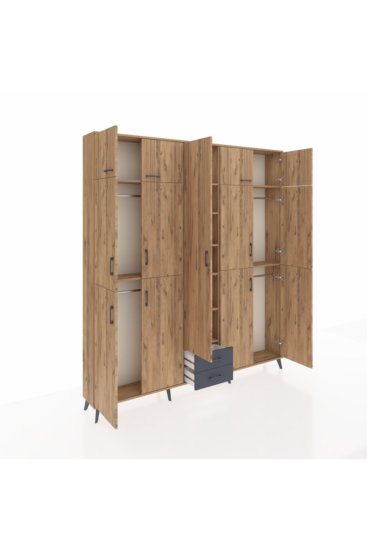 Arges Dolap 10 Raflı 2 Çekmeceli 4 Askılı 220x30x243 Çam-Çam/Antrasit