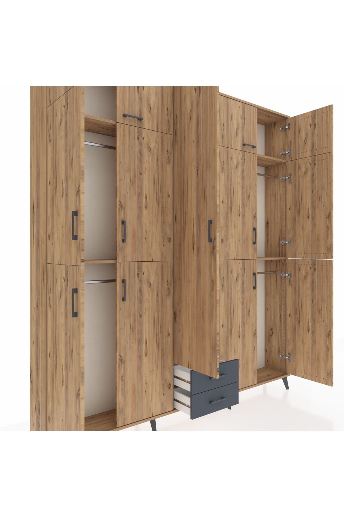 Arges Dolap 10 Raflı 2 Çekmeceli 4 Askılı 220x30x243 Çam-Çam/Antrasit