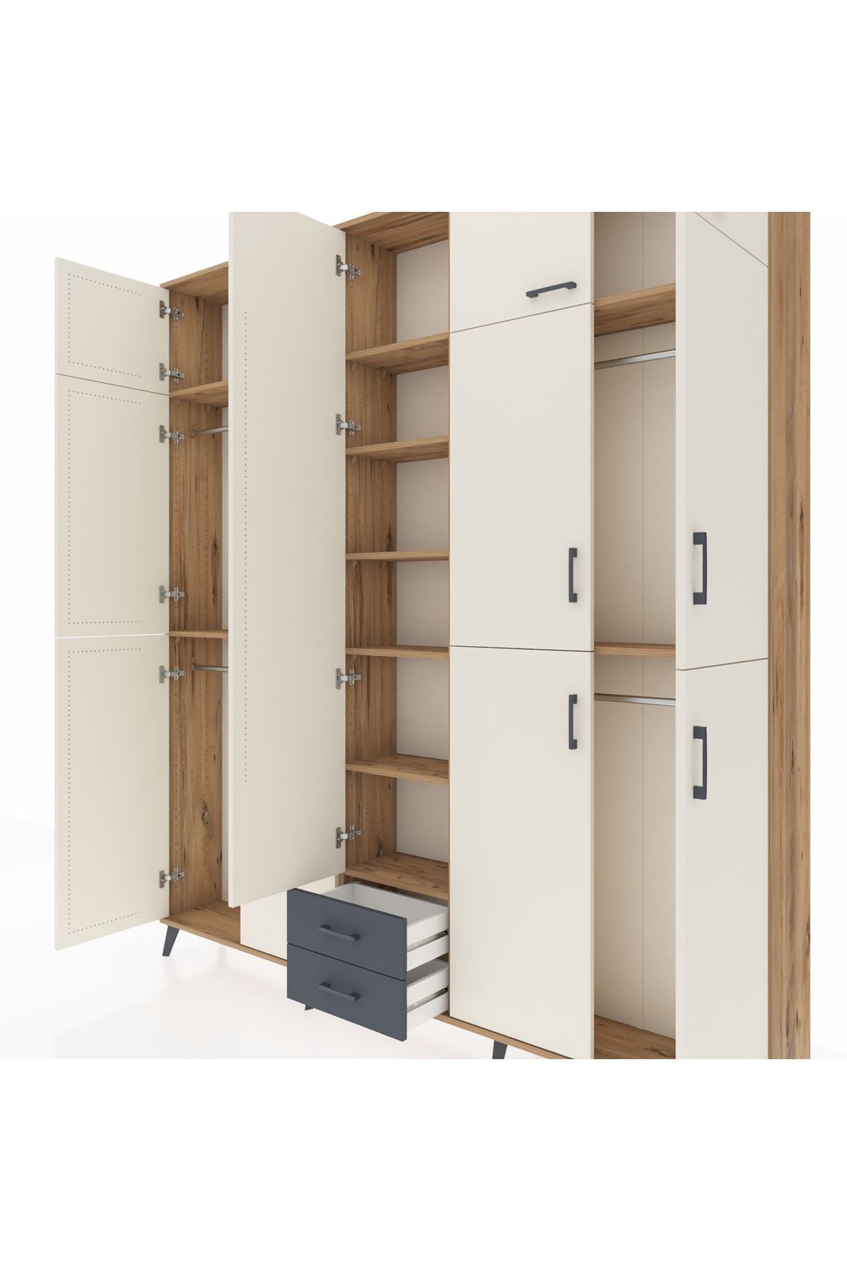 Arges Dolap 10 Raflı 2 Çekmeceli 4 Askılı 220x30x243 Çam-Aytaşı/Antrasit