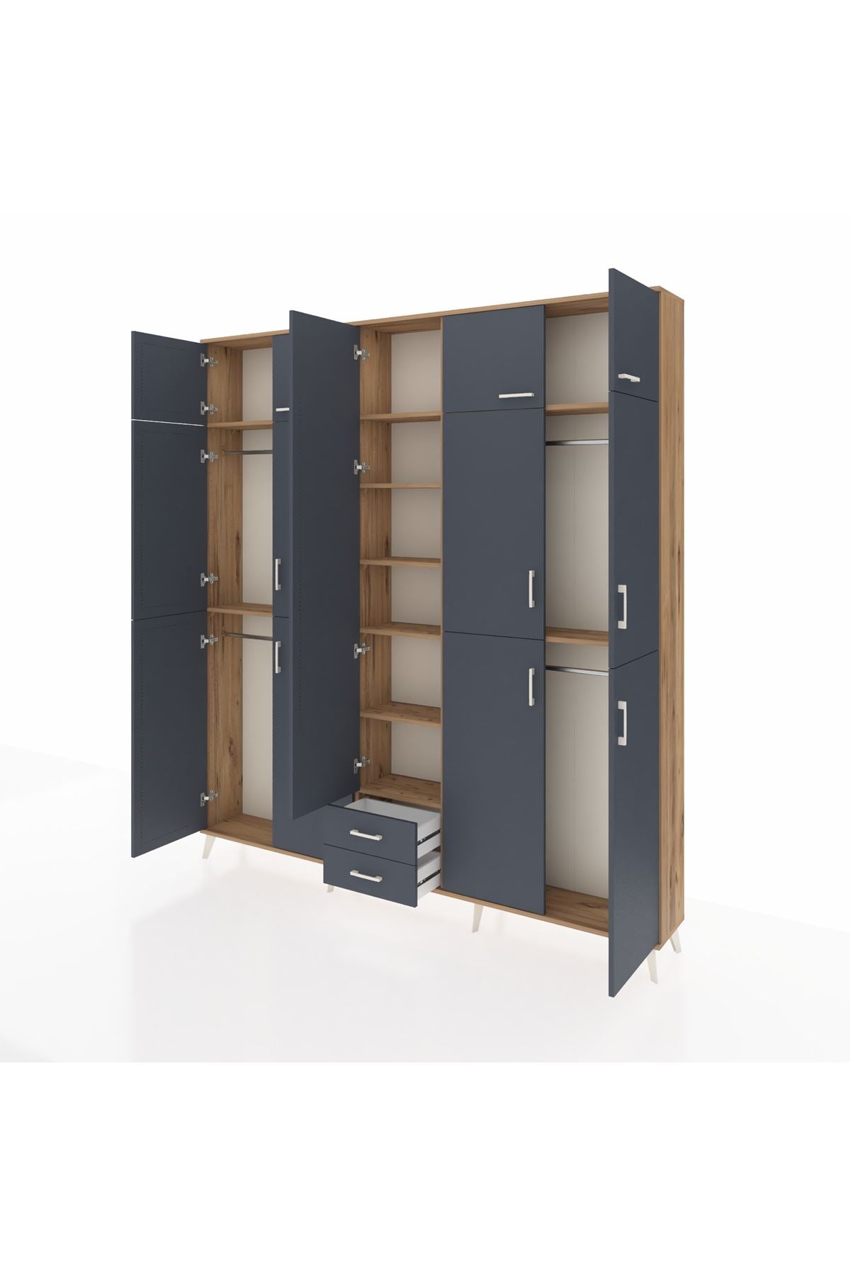 Arges Gardrop 10 Raflı 2 Çekmeceli 4 Askılı 220x30x243 Çam-Antrasit