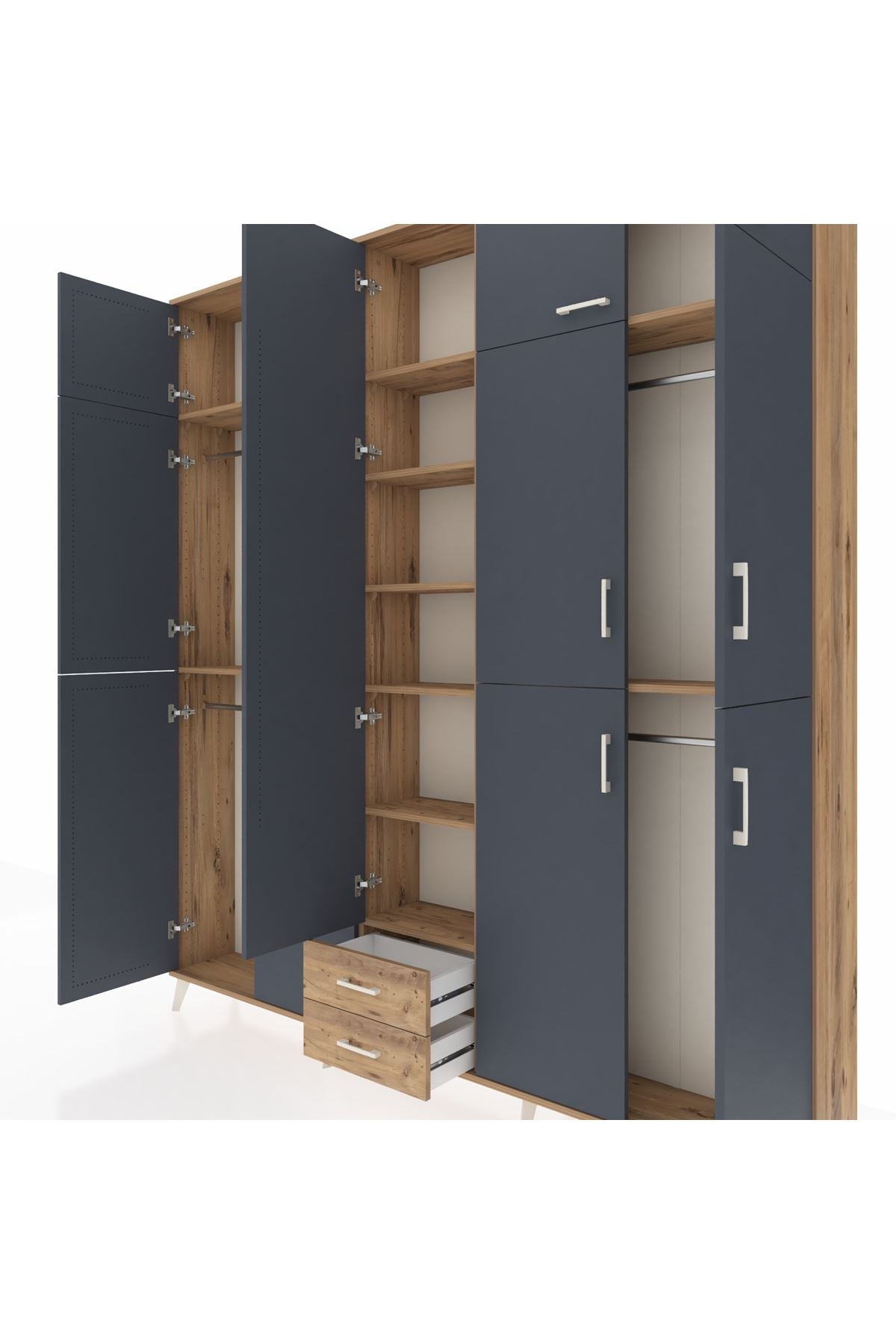 Arges Dolap 10 Raflı 2 Çekmeceli 4 Askılı 220x30x243 Çam-Antrasit/Çam