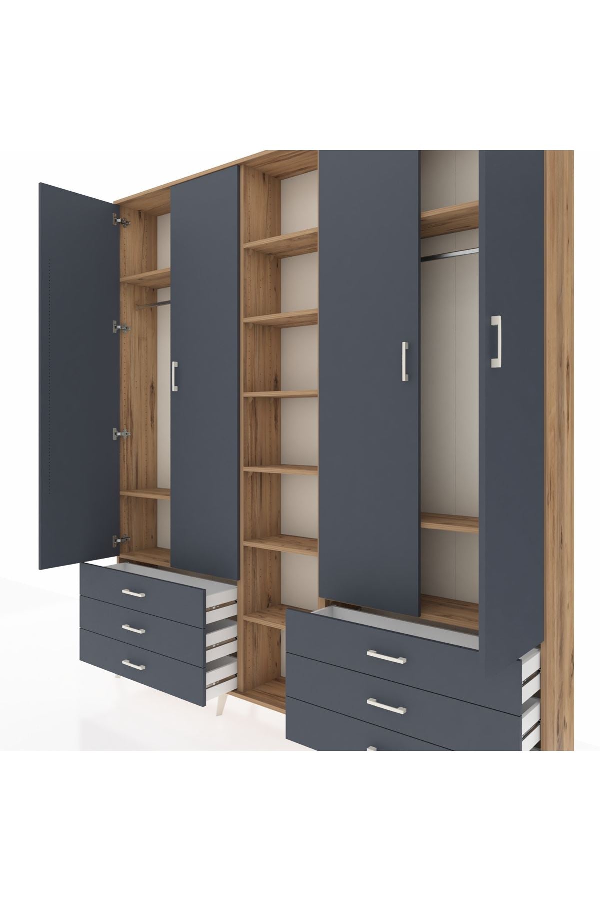 Arges Gardrop 13 Raflı 6 Çekmeceli 2 Askılı 220x30x243 Çam-Antrasit