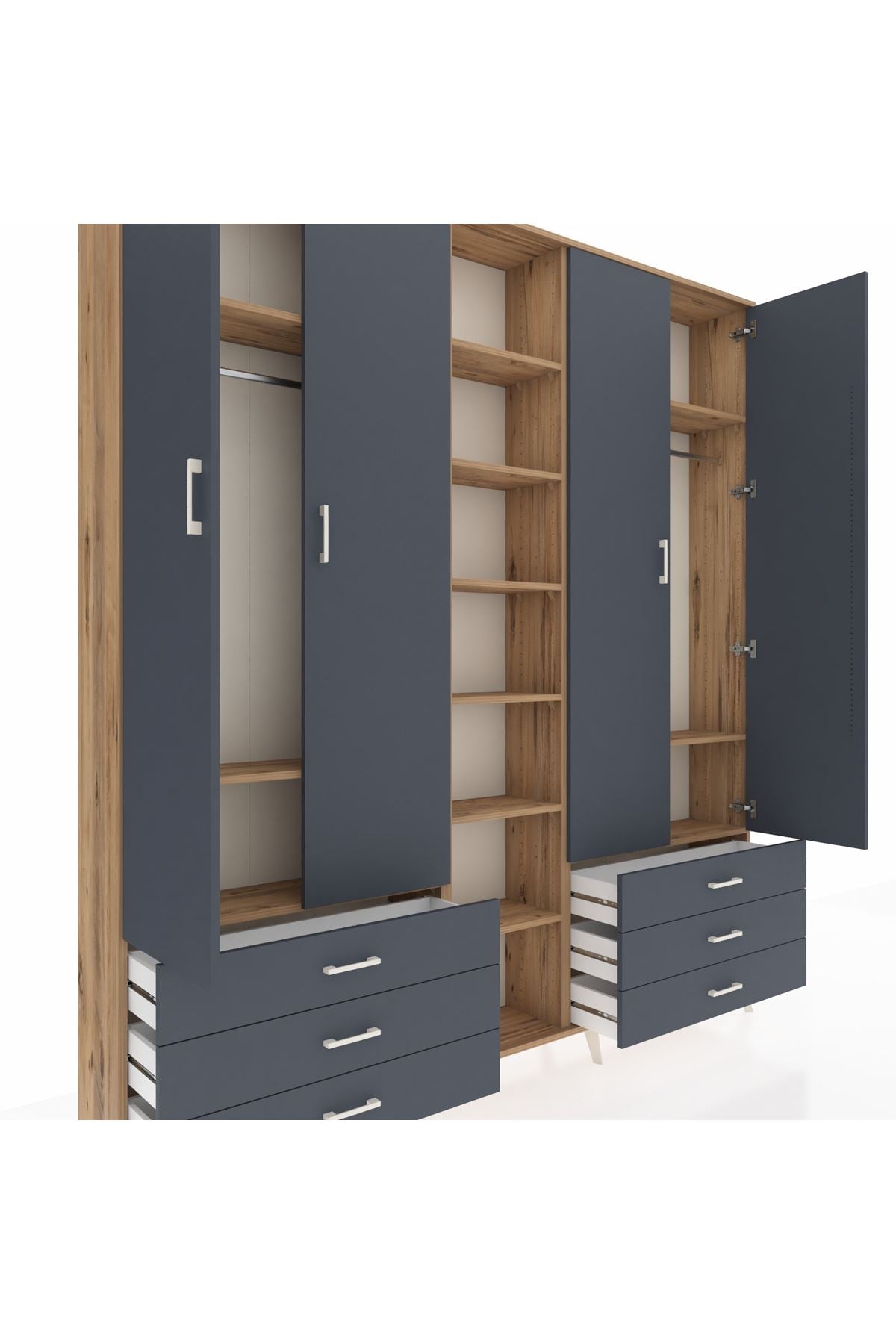 Arges Gardrop 13 Raflı 6 Çekmeceli 2 Askılı 220x30x243 Çam-Antrasit