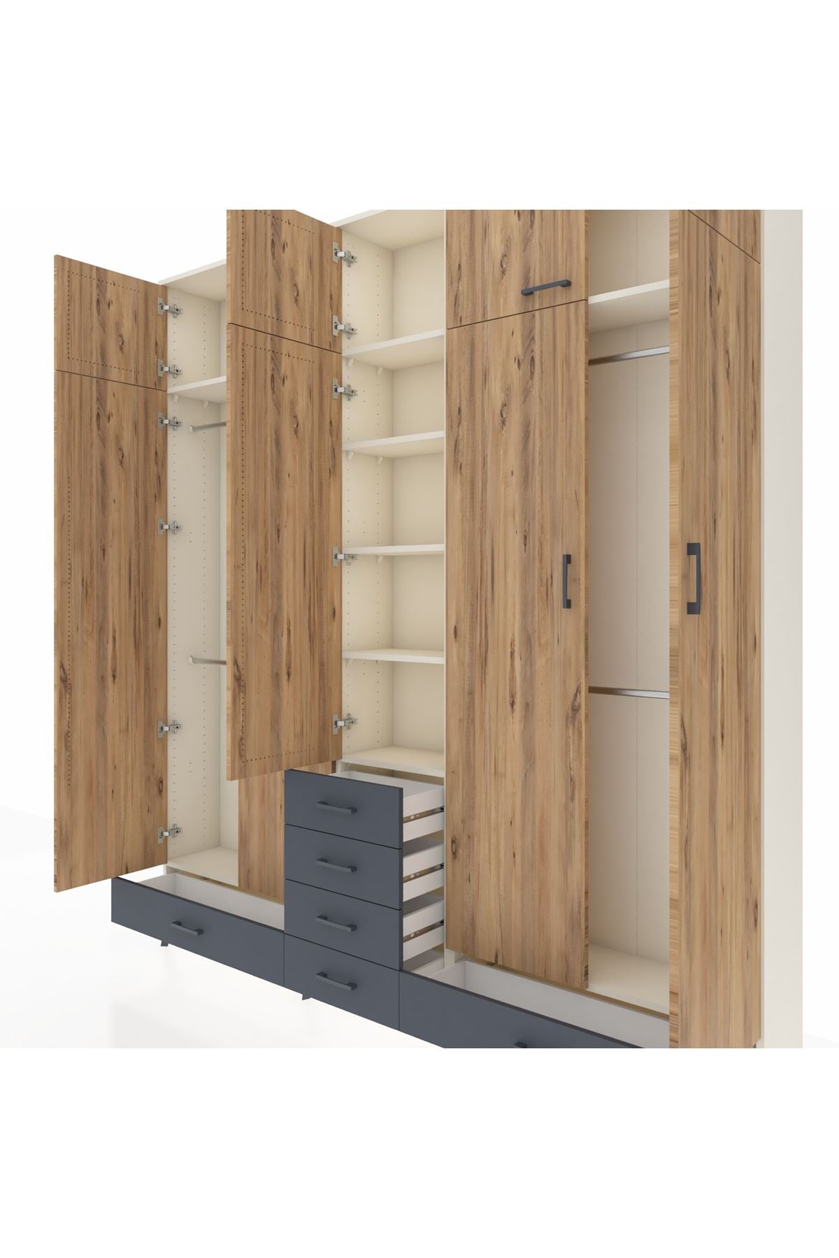 Arges Dolap 6 Raflı 6 Çekmeceli 4 Askılı 220x30x243 Aytaşı-Çam/Antrasit