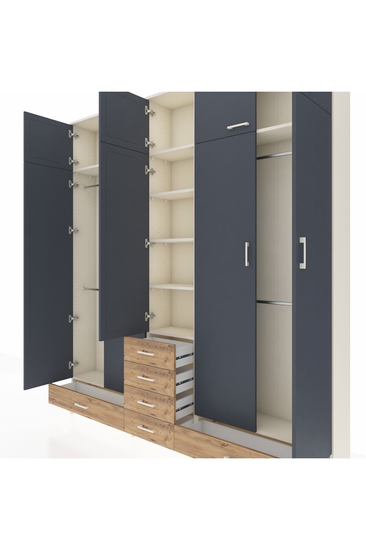 Arges Dolap 6 Raflı 6 Çekmeceli 4 Askılı 220x30x243 Aytaşı-Antrasit/Çam