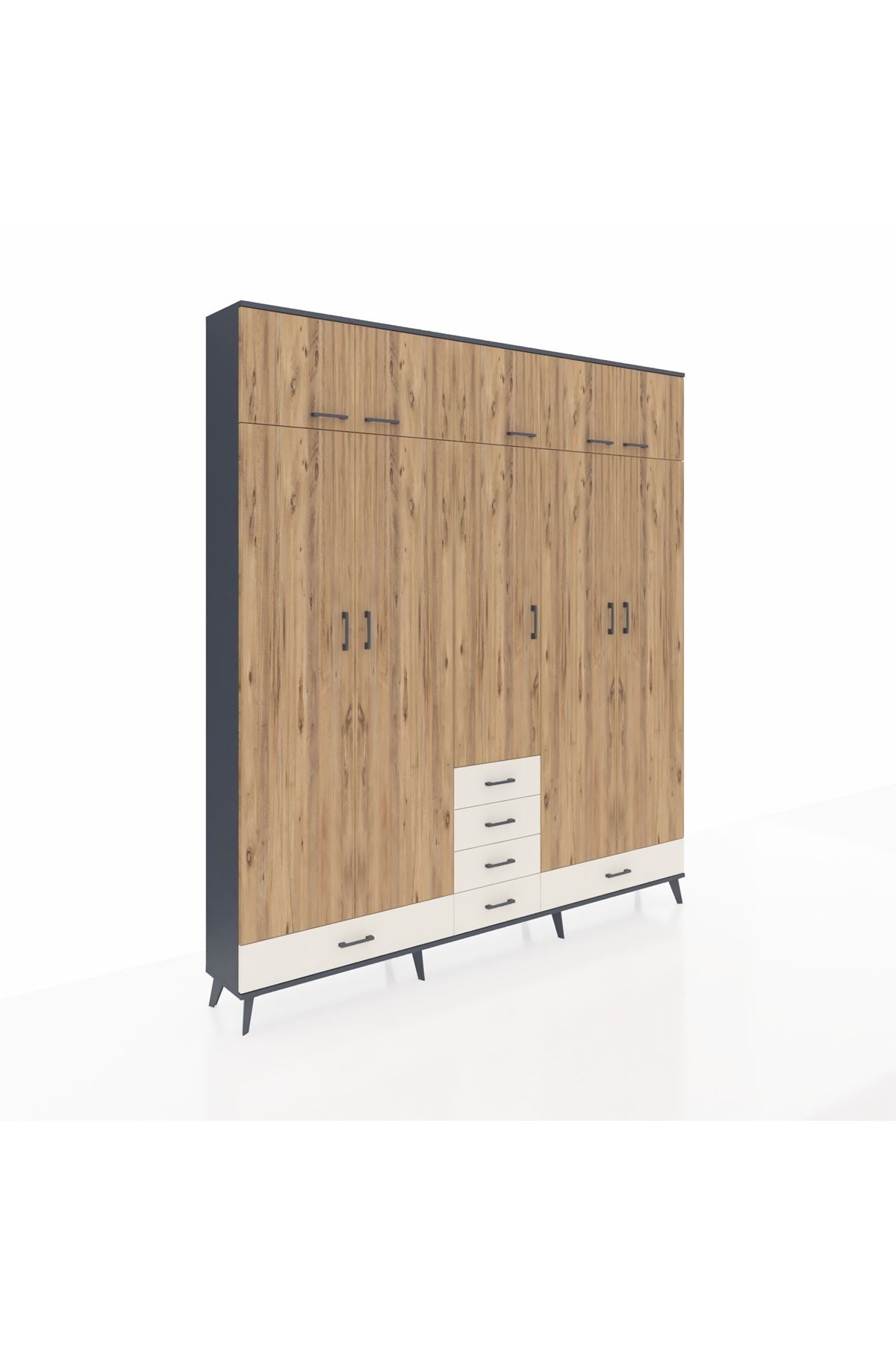 Arges Dolap 6 Raflı 6 Çekmeceli 4 Askılı 220x30x243 Antrasit-Çam/Aytaşı