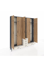 Arges Dolap 6 Raflı 6 Çekmeceli 4 Askılı 220x30x243 Antrasit-Çam/Aytaşı