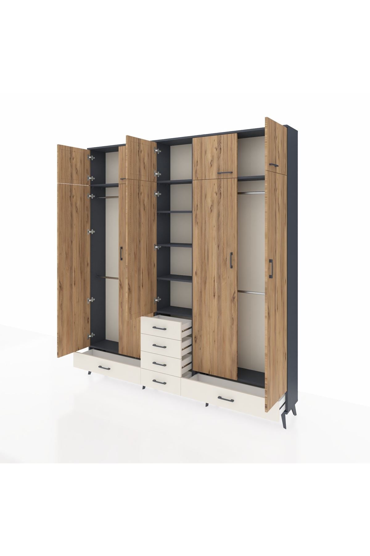 Arges Dolap 6 Raflı 6 Çekmeceli 4 Askılı 220x30x243 Antrasit-Çam/Aytaşı