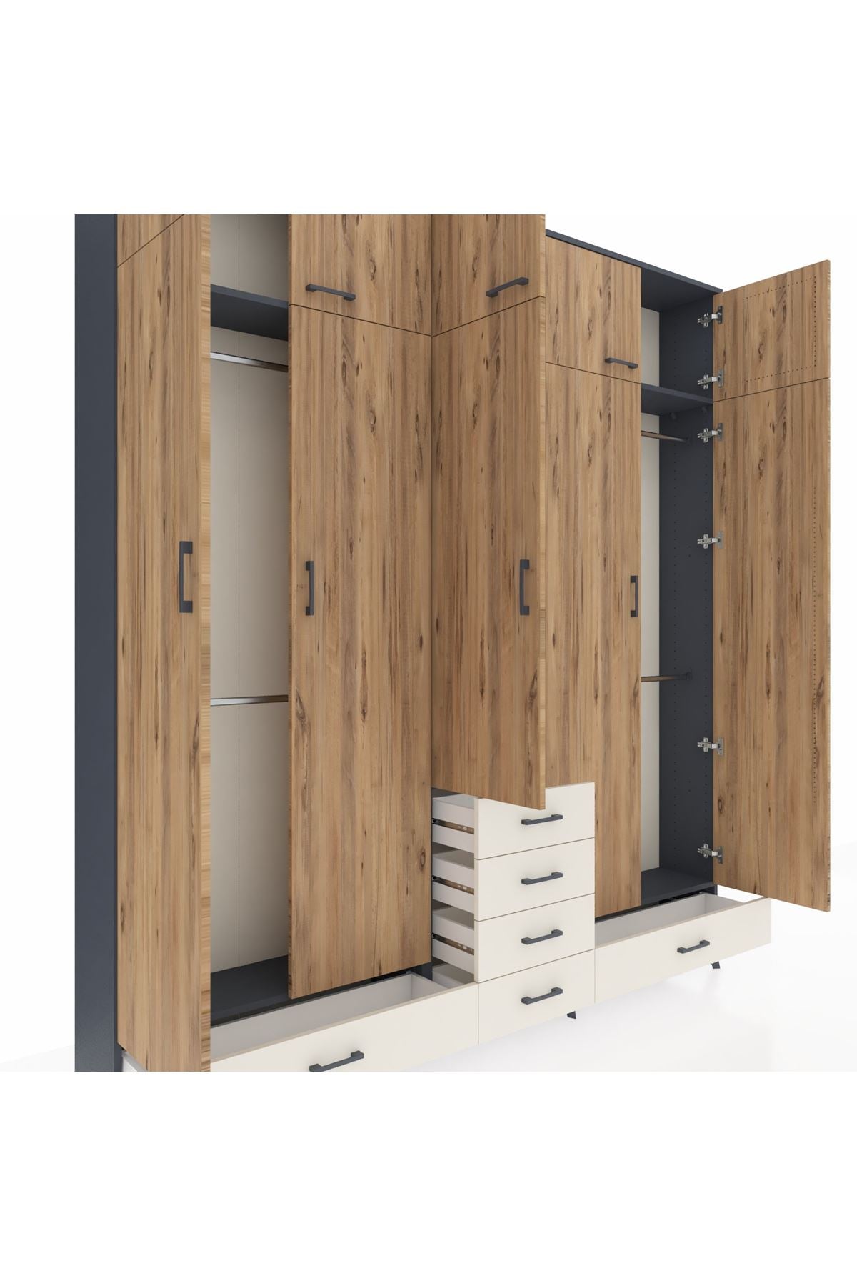 Arges Dolap 6 Raflı 6 Çekmeceli 4 Askılı 220x30x243 Antrasit-Çam/Aytaşı