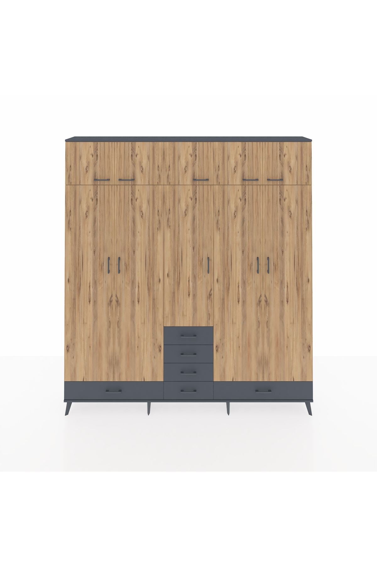 Arges Dolap 6 Raflı 6 Çekmeceli 4 Askılı 220x30x243 Antrasit-Çam/Antrasit