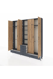Arges Dolap 6 Raflı 6 Çekmeceli 4 Askılı 220x30x243 Antrasit-Çam/Antrasit