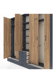Arges Dolap 6 Raflı 6 Çekmeceli 4 Askılı 220x30x243 Antrasit-Çam/Antrasit