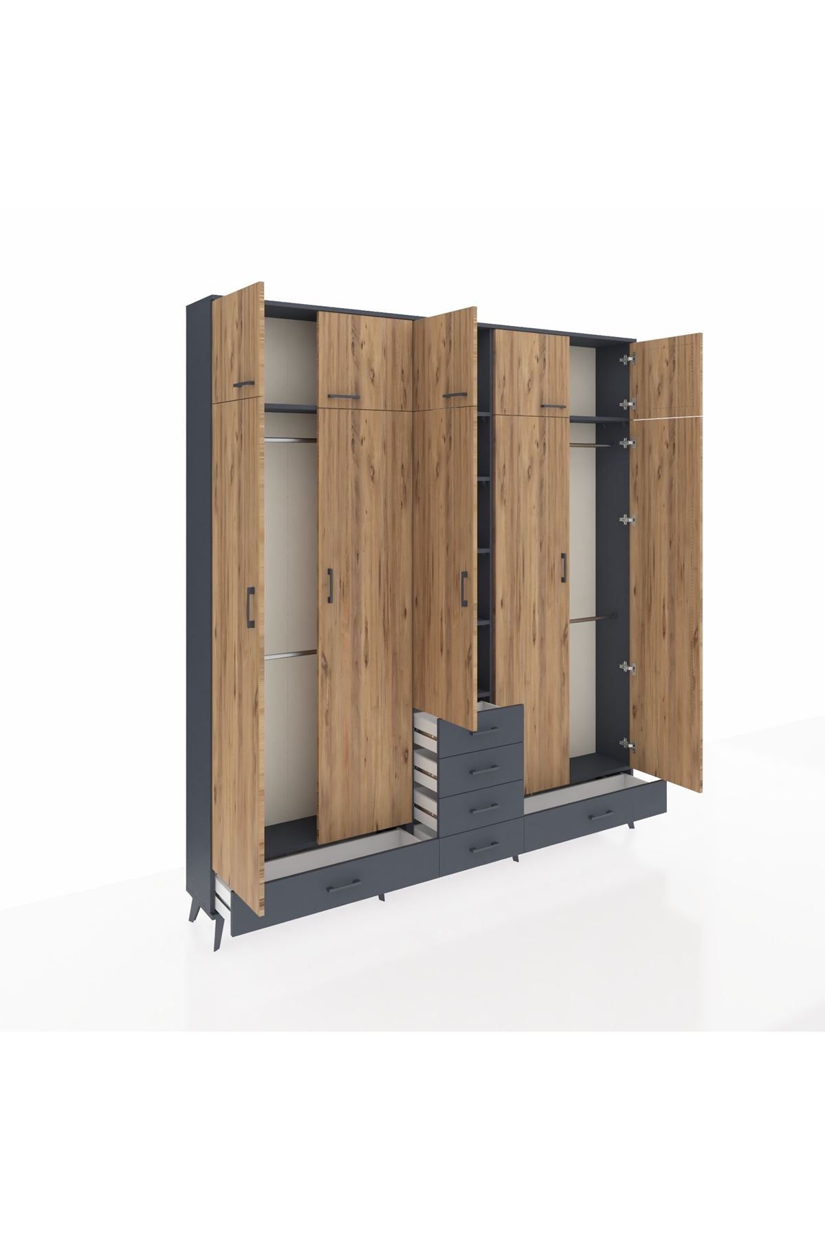 Arges Dolap 6 Raflı 6 Çekmeceli 4 Askılı 220x30x243 Antrasit-Çam/Antrasit