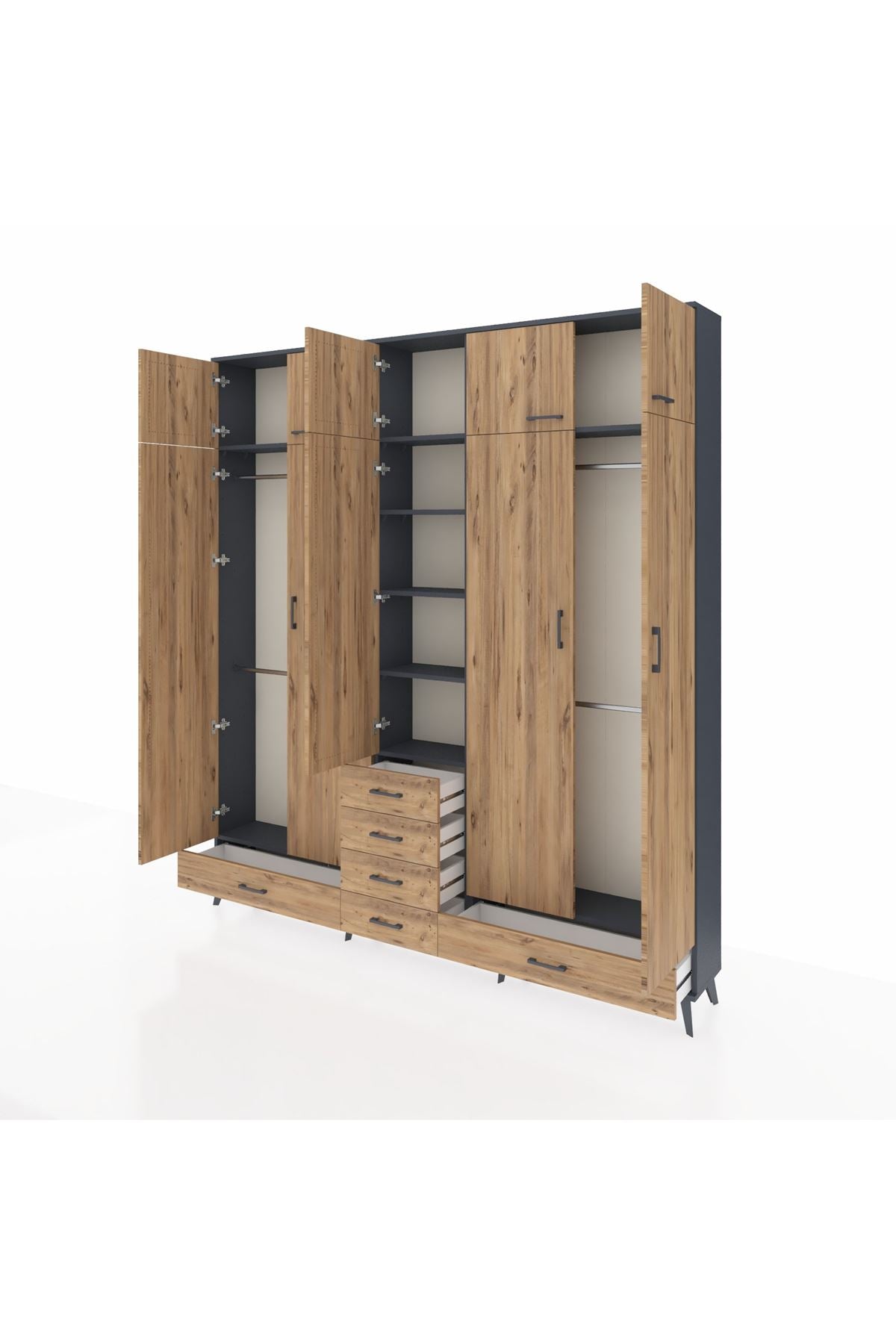 Arges Gardrop 6 Raflı 6 Çekmeceli 4 Askılı 220x30x243 Antrasit-Çam