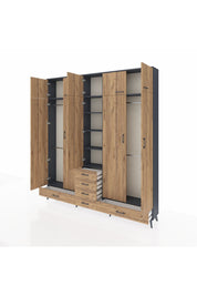 Arges Gardrop 6 Raflı 6 Çekmeceli 4 Askılı 220x30x243 Antrasit-Çam