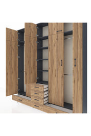 Arges Gardrop 6 Raflı 6 Çekmeceli 4 Askılı 220x30x243 Antrasit-Çam