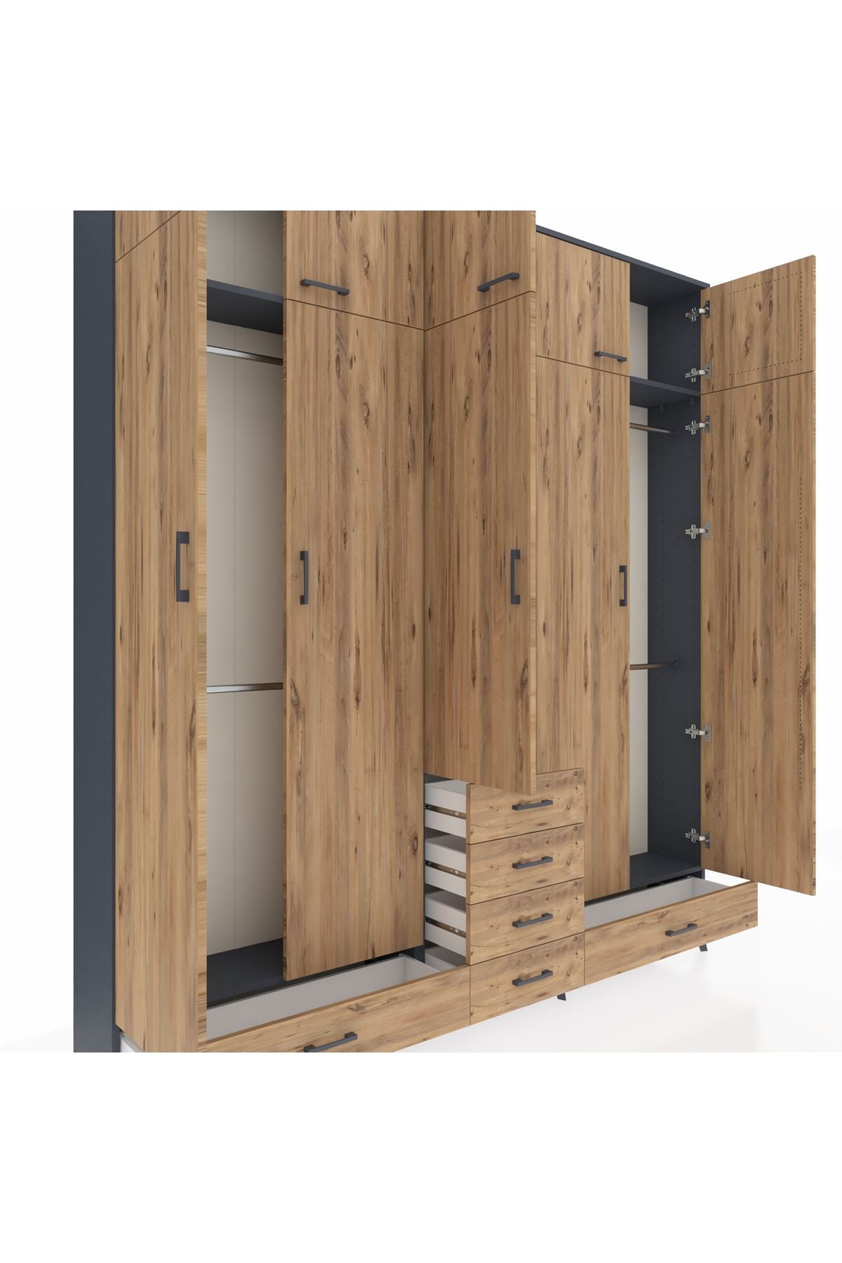 Arges Gardrop 6 Raflı 6 Çekmeceli 4 Askılı 220x30x243 Antrasit-Çam