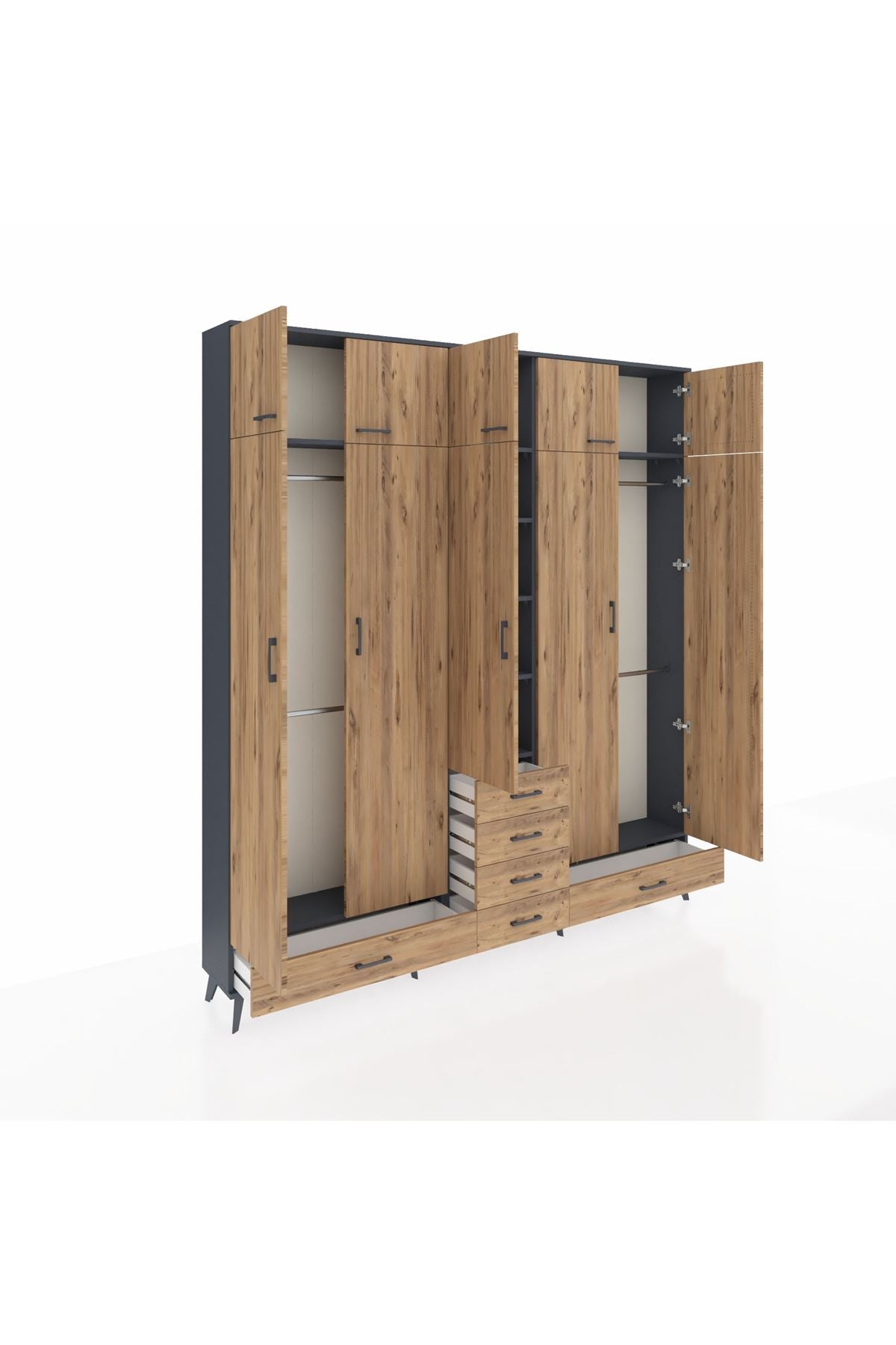 Arges Gardrop 6 Raflı 6 Çekmeceli 4 Askılı 220x30x243 Antrasit-Çam