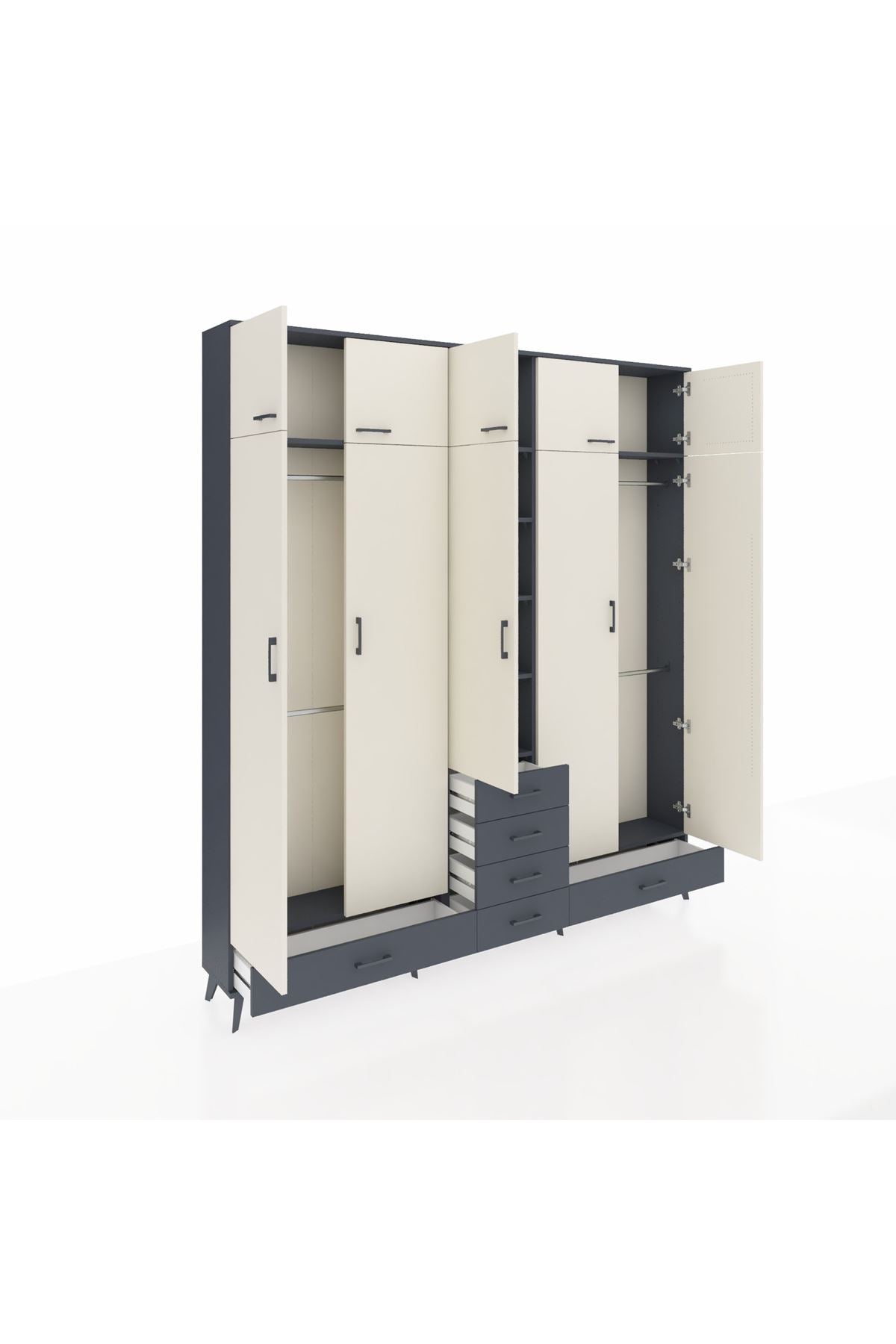 Arges Dolap 6 Raflı 6 Çekmeceli 4 Askılı 220x30x243 Antrasit-Aytaşı/Antrasit