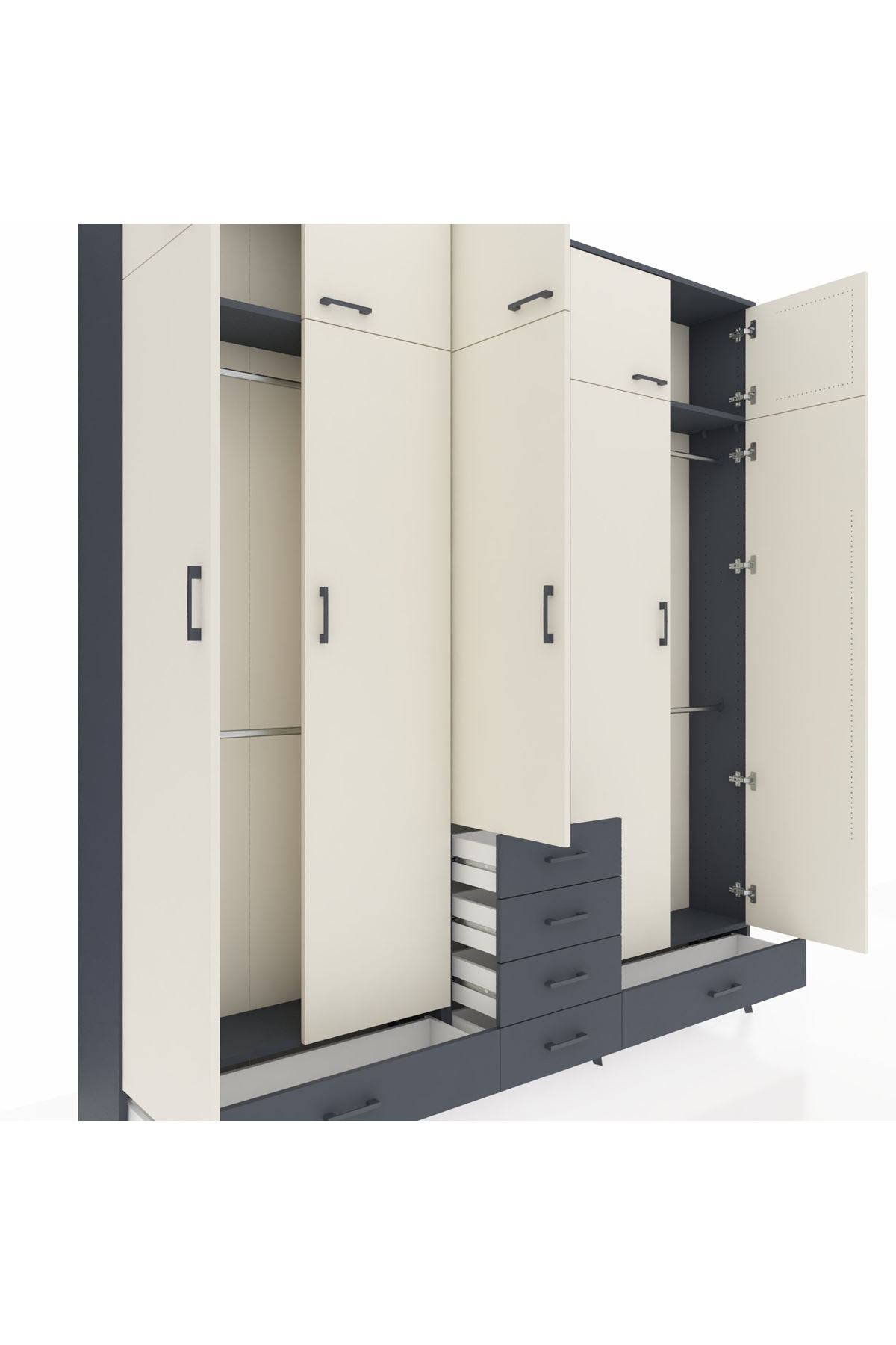 Arges Dolap 6 Raflı 6 Çekmeceli 4 Askılı 220x30x243 Antrasit-Aytaşı/Antrasit