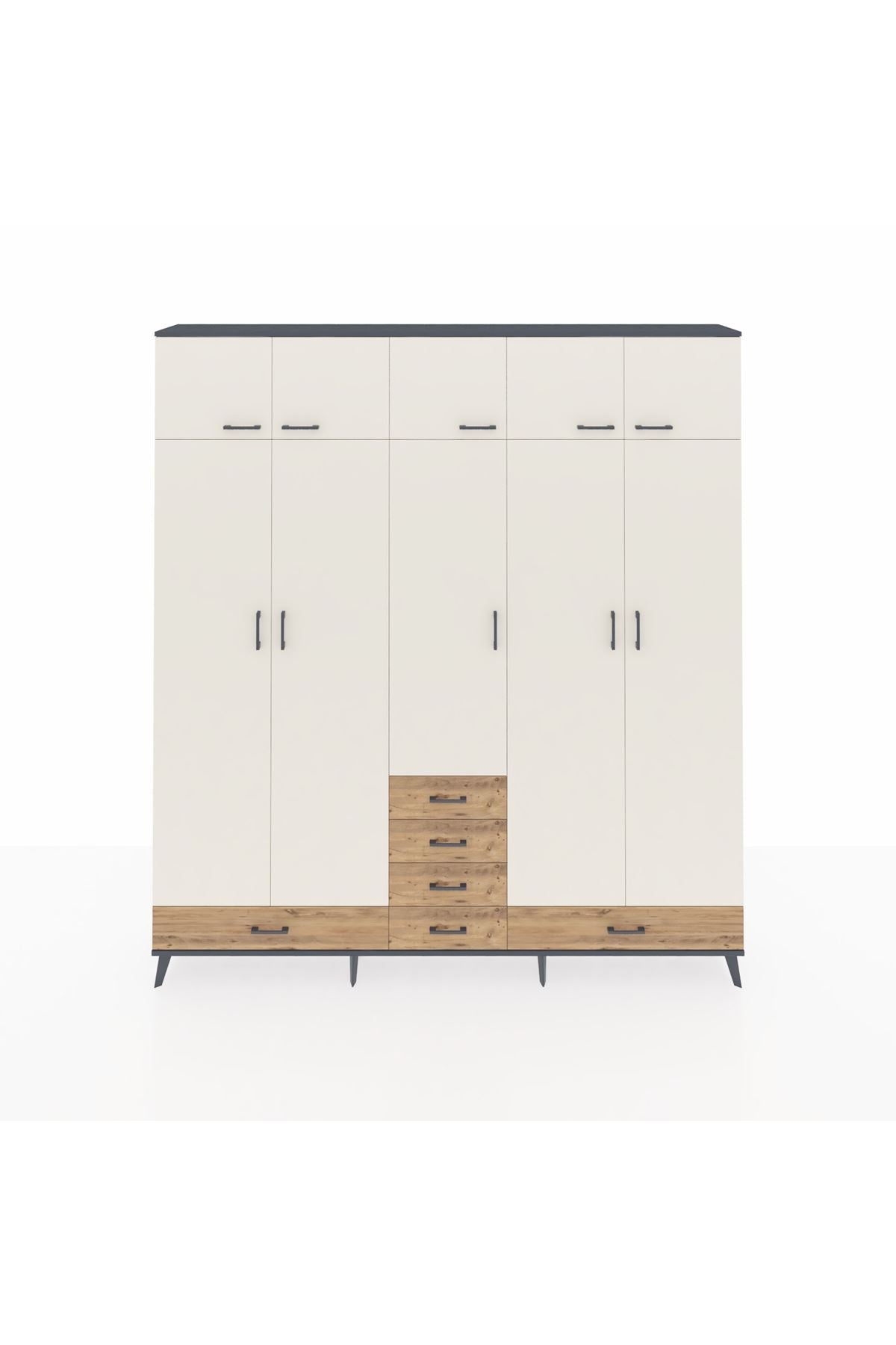 Arges Dolap 6 Raflı 6 Çekmeceli 4 Askılı 220x30x243 Antrasit-Aytaşı/Çam