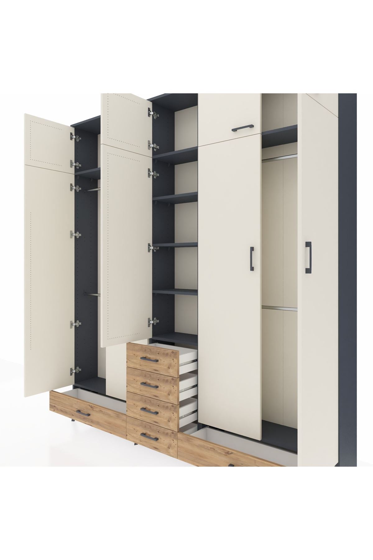 Arges Dolap 6 Raflı 6 Çekmeceli 4 Askılı 220x30x243 Antrasit-Aytaşı/Çam