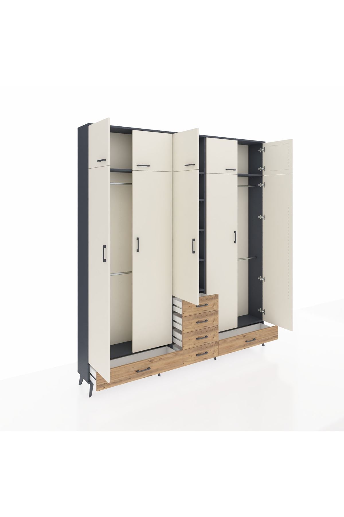 Arges Dolap 6 Raflı 6 Çekmeceli 4 Askılı 220x30x243 Antrasit-Aytaşı/Çam