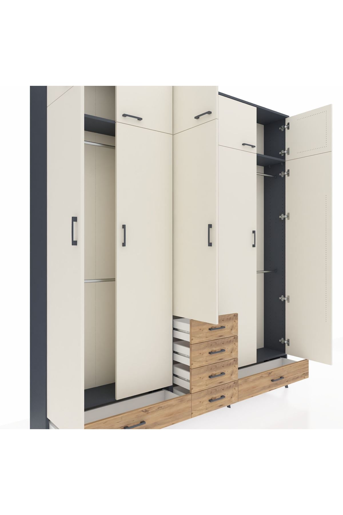 Arges Dolap 6 Raflı 6 Çekmeceli 4 Askılı 220x30x243 Antrasit-Aytaşı/Çam