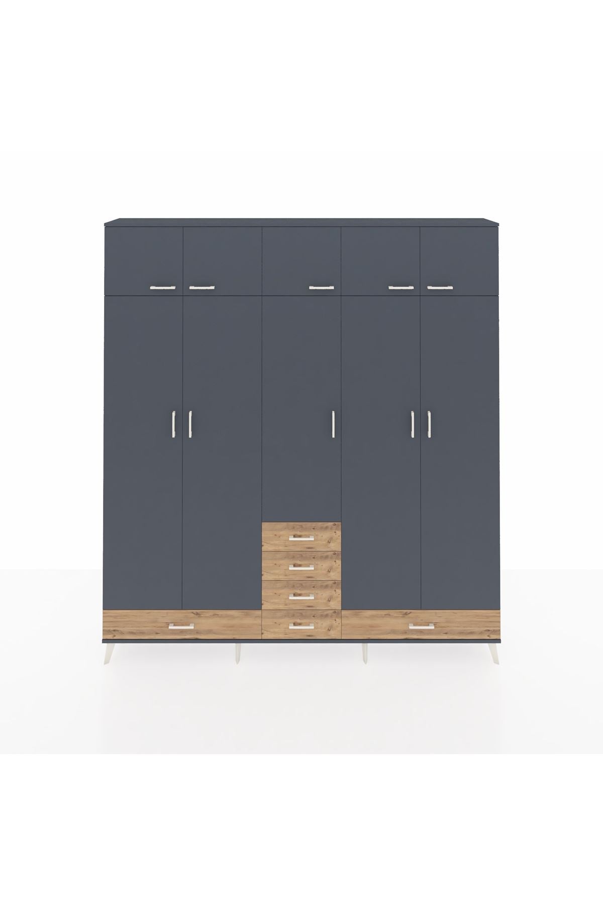 Arges Dolap 6 Raflı 6 Çekmeceli 4 Askılı 220x30x243 Antrasit-Antrasit/Çam