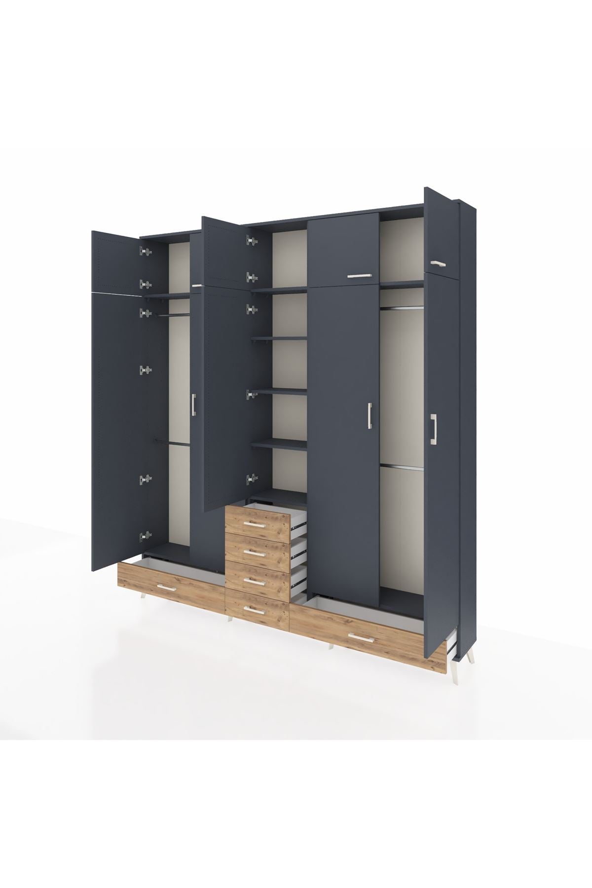 Arges Dolap 6 Raflı 6 Çekmeceli 4 Askılı 220x30x243 Antrasit-Antrasit/Çam