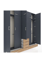 Arges Dolap 6 Raflı 6 Çekmeceli 4 Askılı 220x30x243 Antrasit-Antrasit/Çam