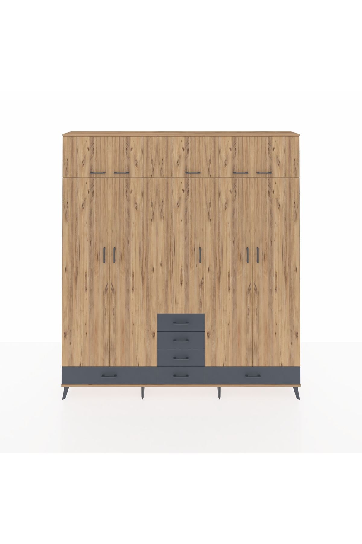 Arges Dolap 6 Raflı 6 Çekmeceli 4 Askılı 220x30x243 Çam-Çam/Antrasit