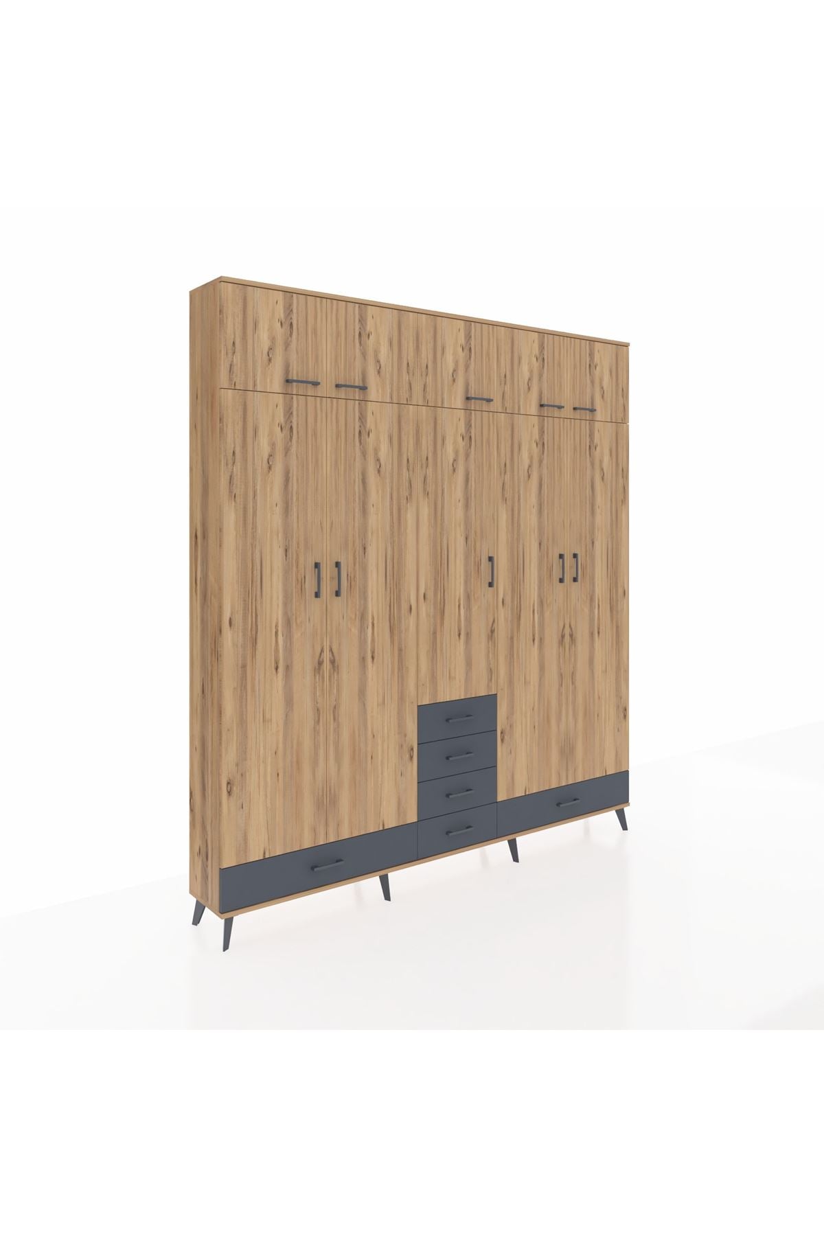 Arges Dolap 6 Raflı 6 Çekmeceli 4 Askılı 220x30x243 Çam-Çam/Antrasit