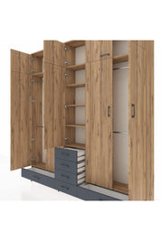 Arges Dolap 6 Raflı 6 Çekmeceli 4 Askılı 220x30x243 Çam-Çam/Antrasit