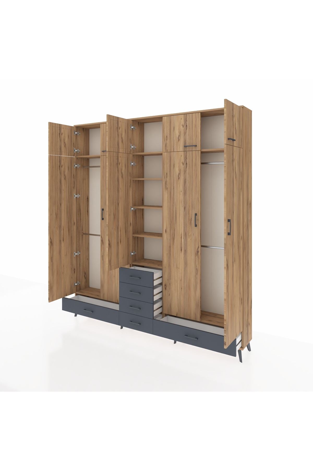 Arges Dolap 6 Raflı 6 Çekmeceli 4 Askılı 220x30x243 Çam-Çam/Antrasit