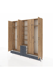 Arges Dolap 6 Raflı 6 Çekmeceli 4 Askılı 220x30x243 Çam-Çam/Antrasit