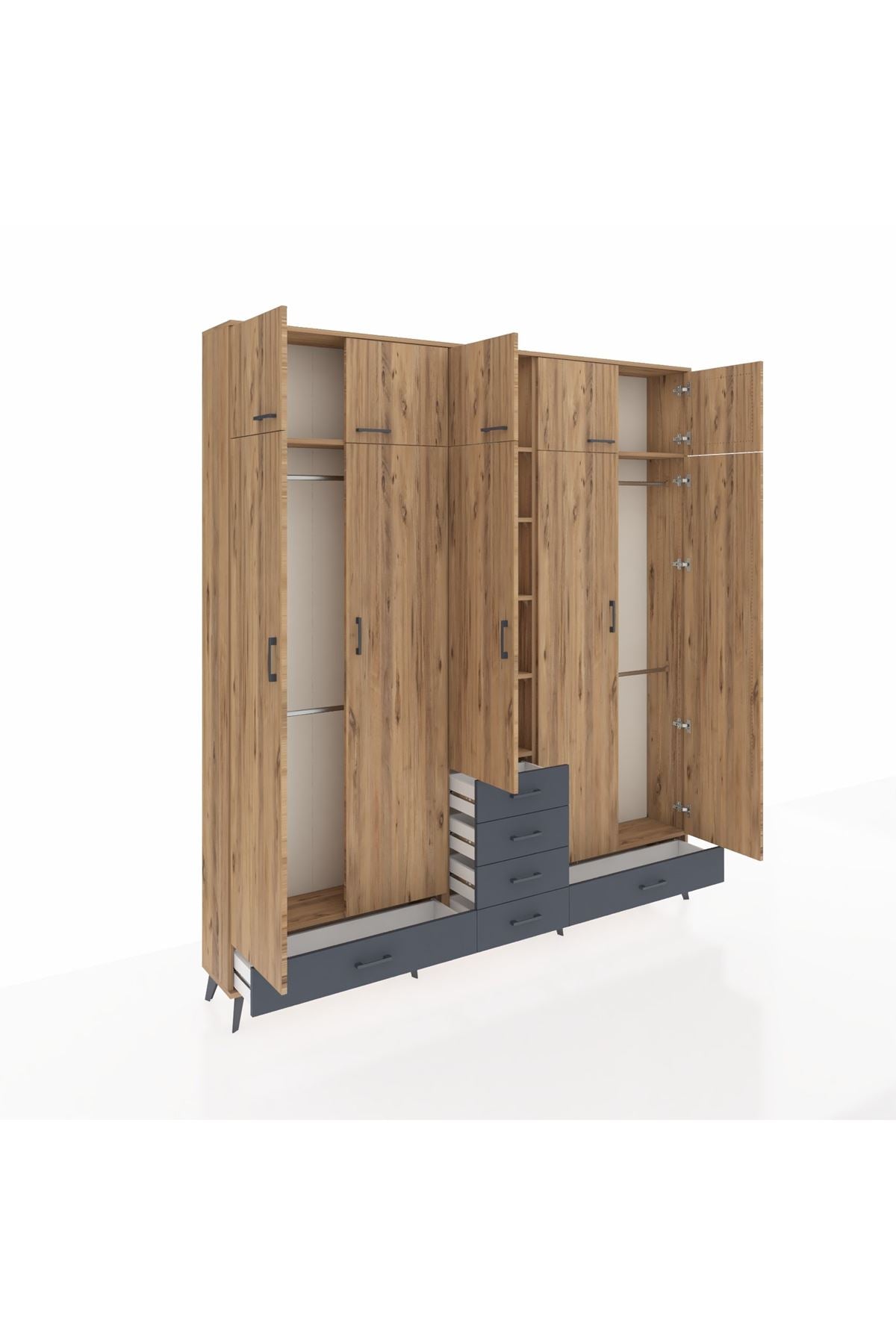 Arges Dolap 6 Raflı 6 Çekmeceli 4 Askılı 220x30x243 Çam-Çam/Antrasit